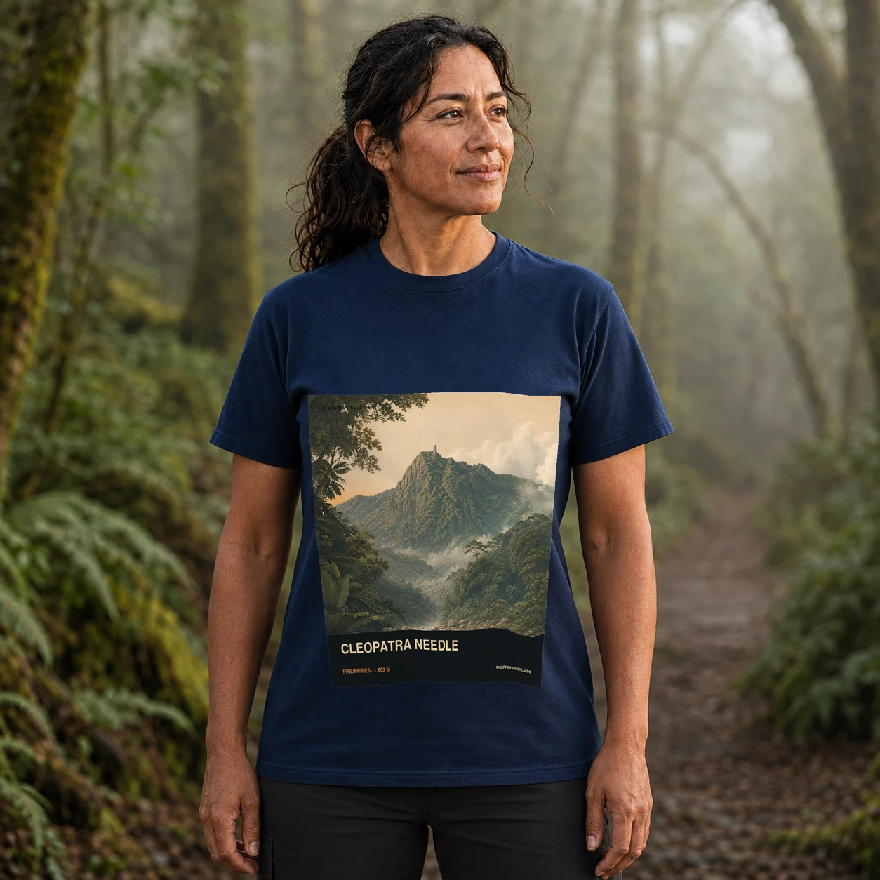 Navy Cleopatra Needle T-shirt front with mountain artwork