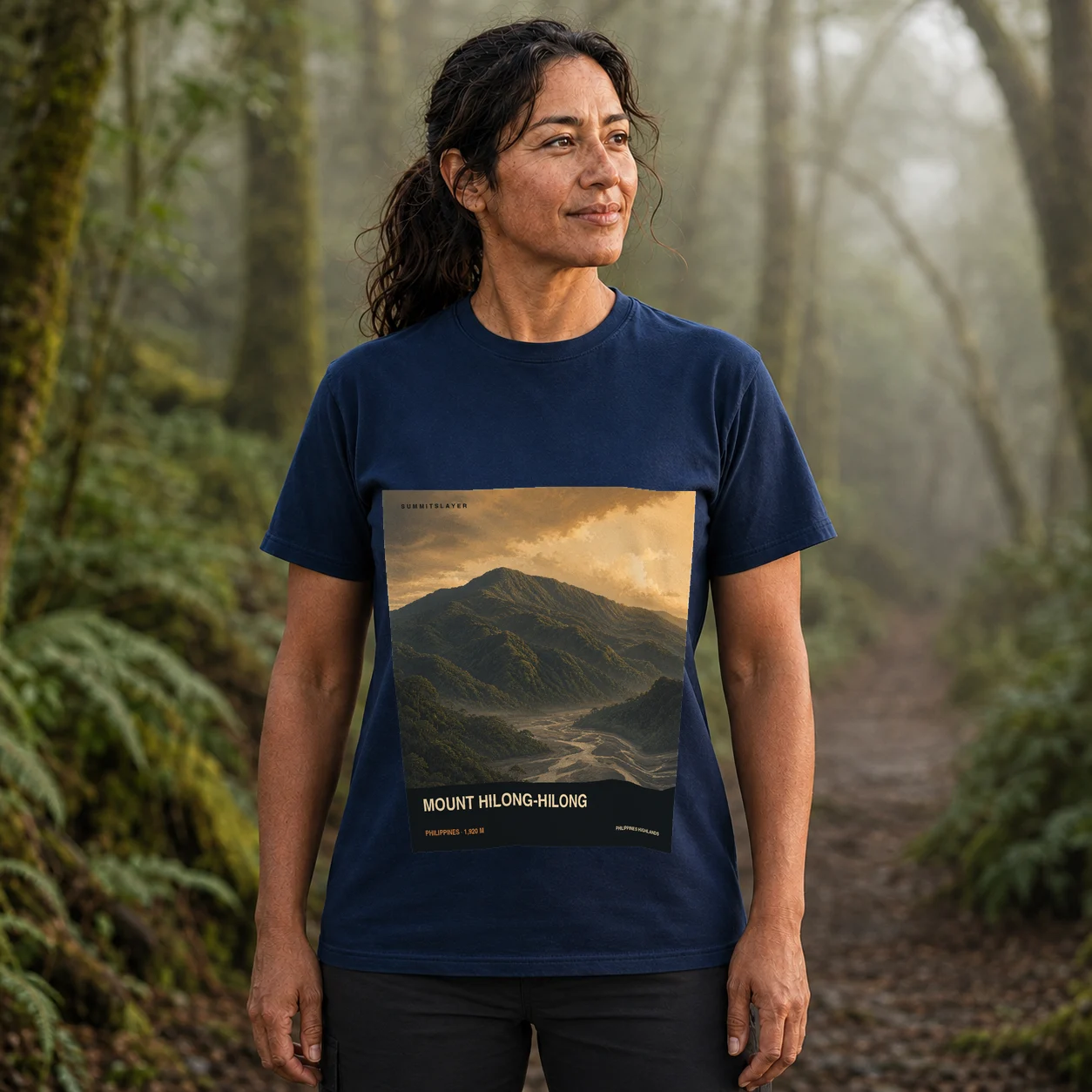 Navy Mount Hilonghilong T-shirt front with mountain artwork