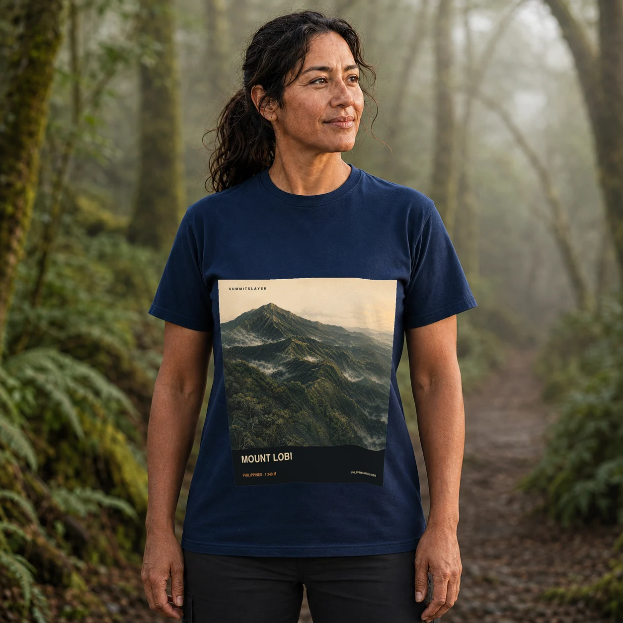Navy Mount Lobi T-shirt front with mountain artwork