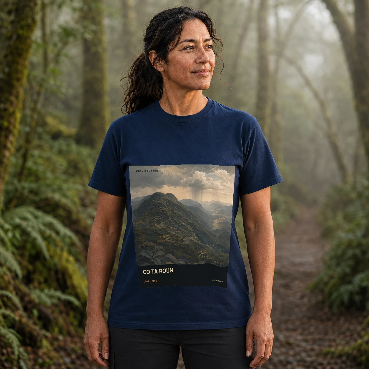 Navy Co Ta Roun T-shirt front with mountain artwork