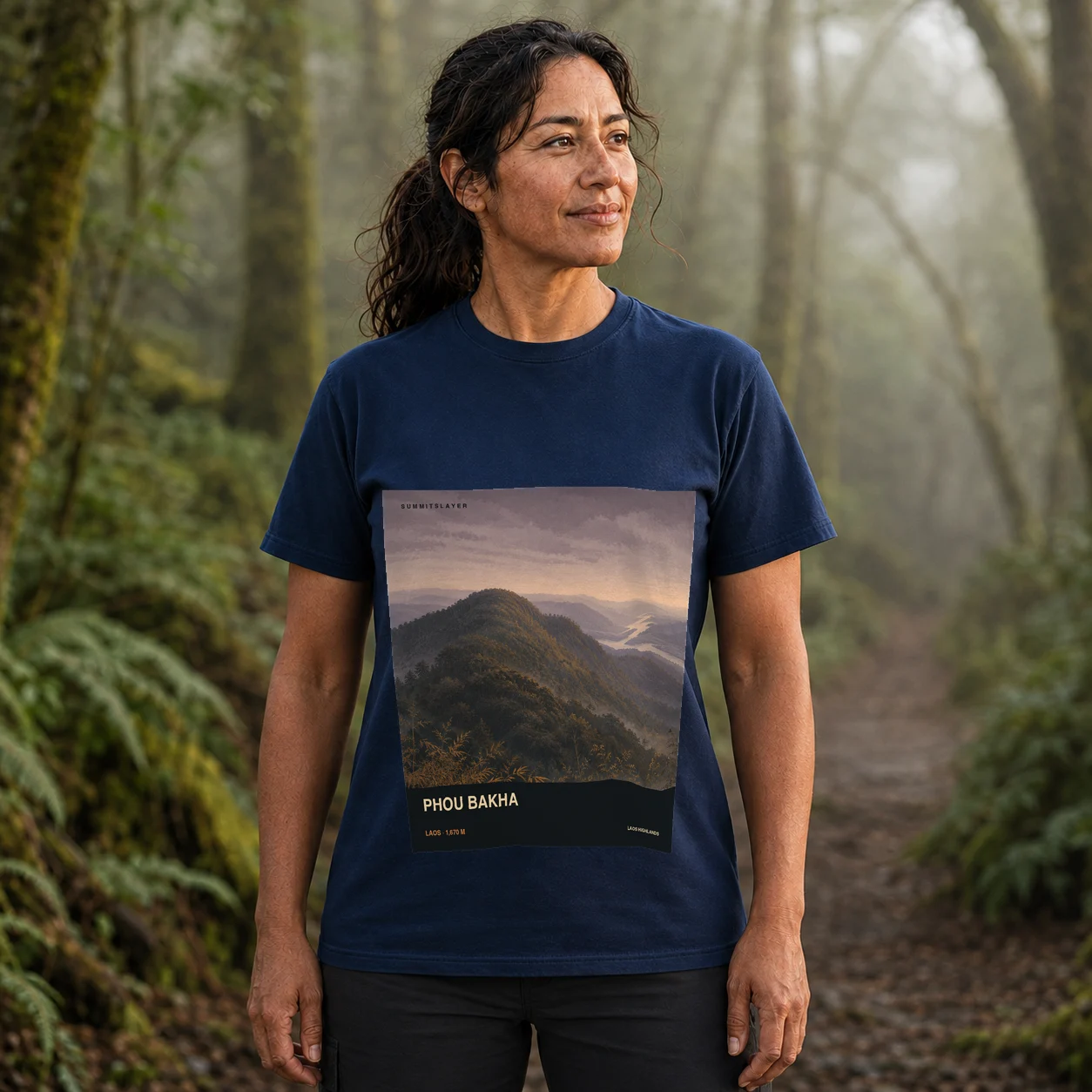 Navy Phou Bakha T-shirt front with mountain artwork