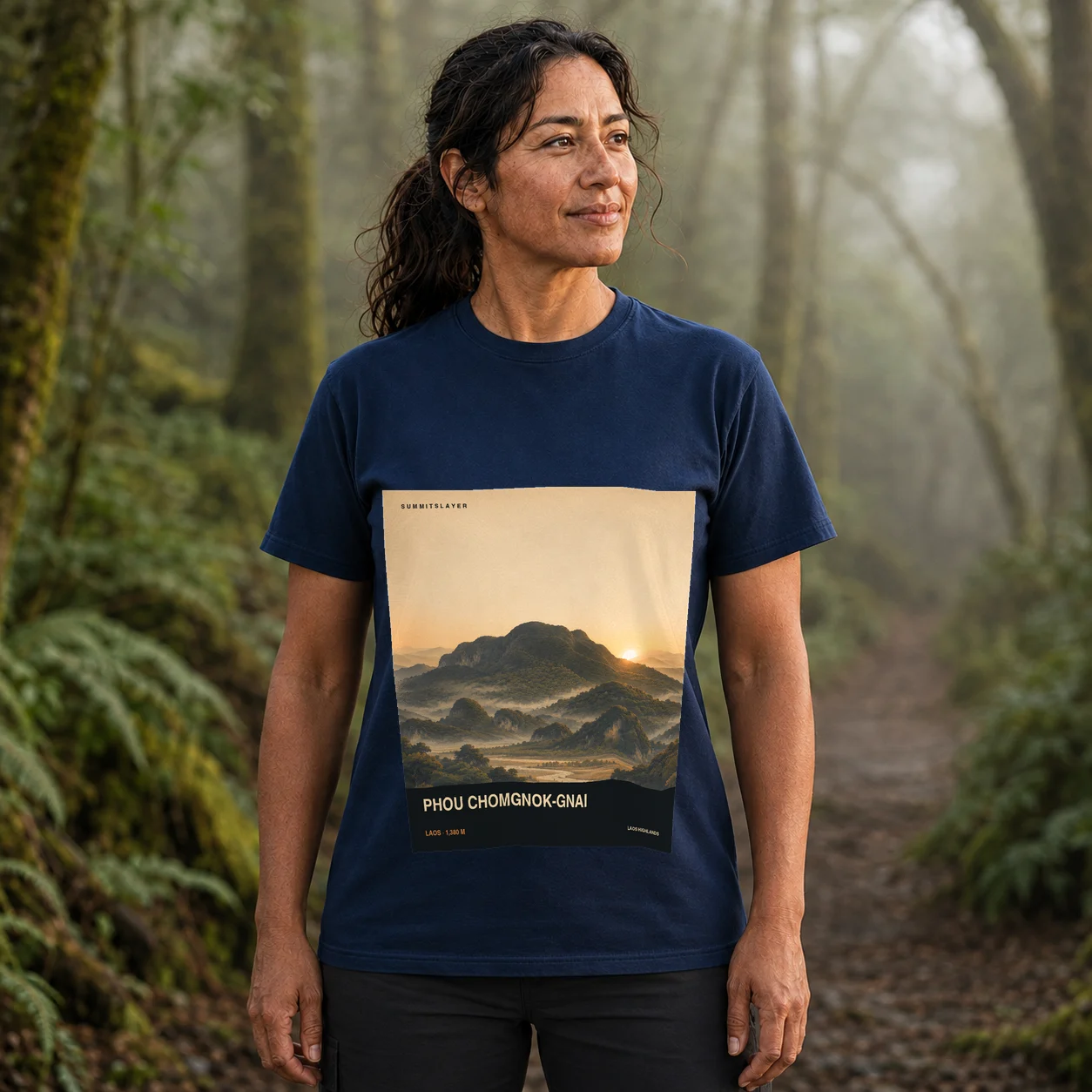 Navy Phou Chomgnôk-Gnai T-shirt front with mountain artwork
