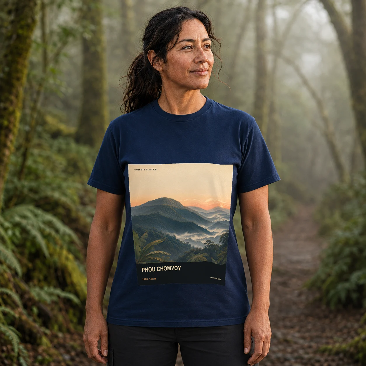 Navy Phou Chomvoy T-shirt front with mountain artwork