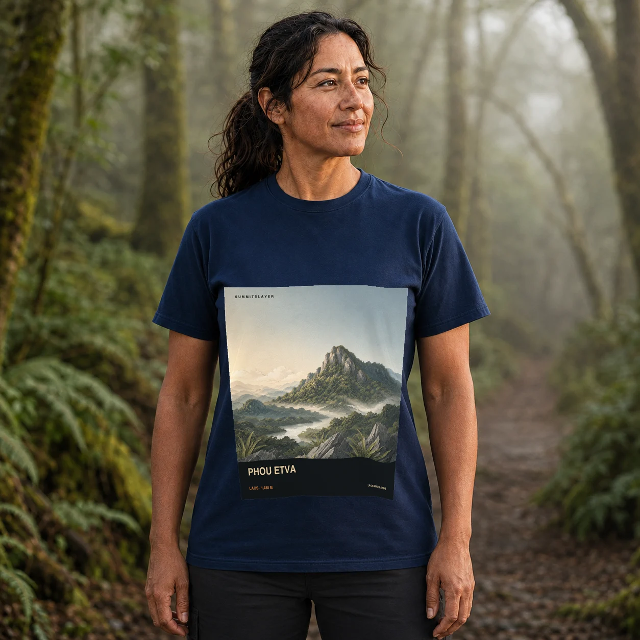 Navy Phou Etva T-shirt front with mountain artwork