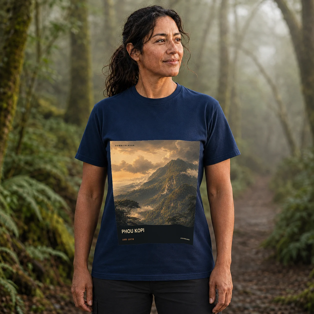 Navy Phou Kopi T-shirt front with mountain artwork