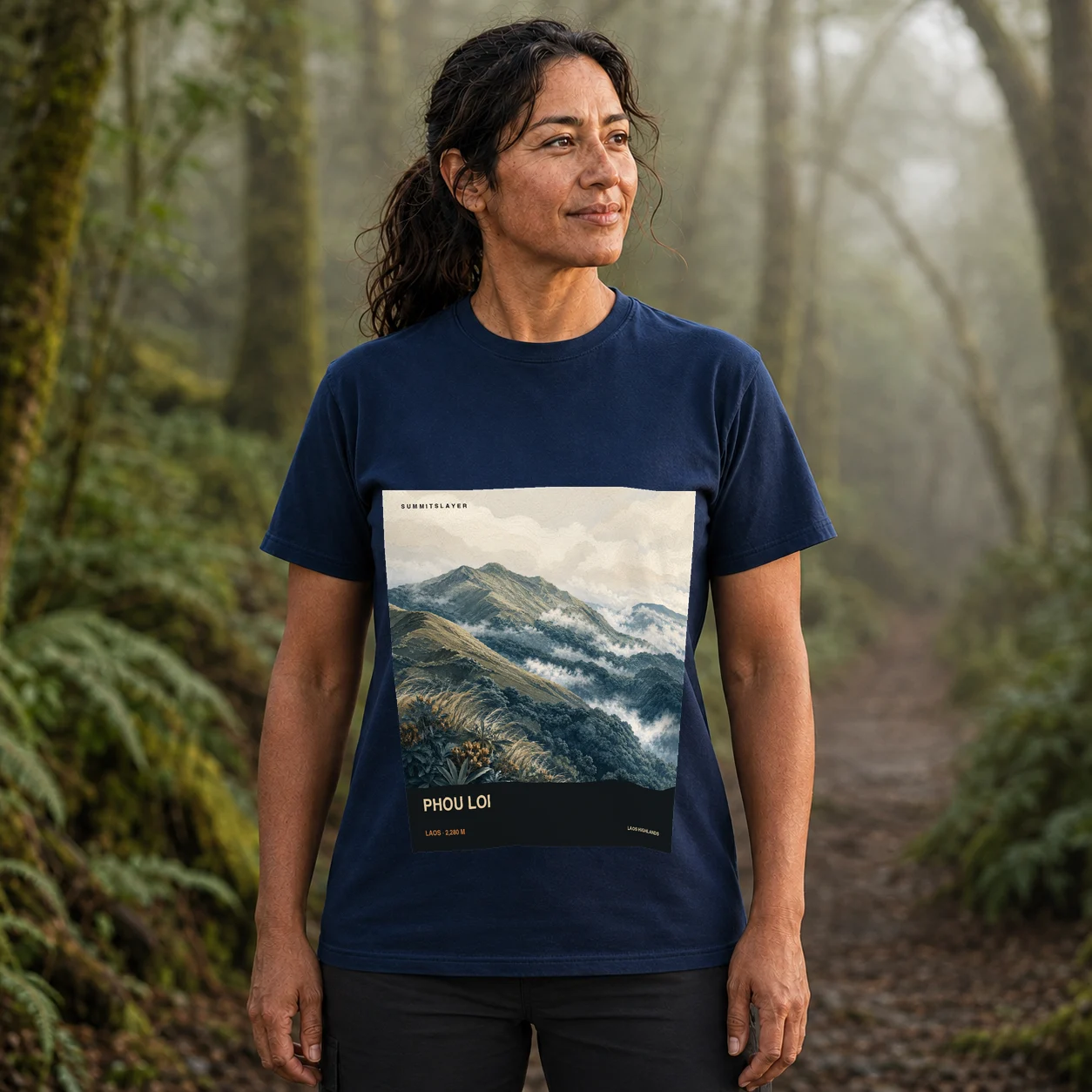 Navy Phou Loi T-shirt front with mountain artwork