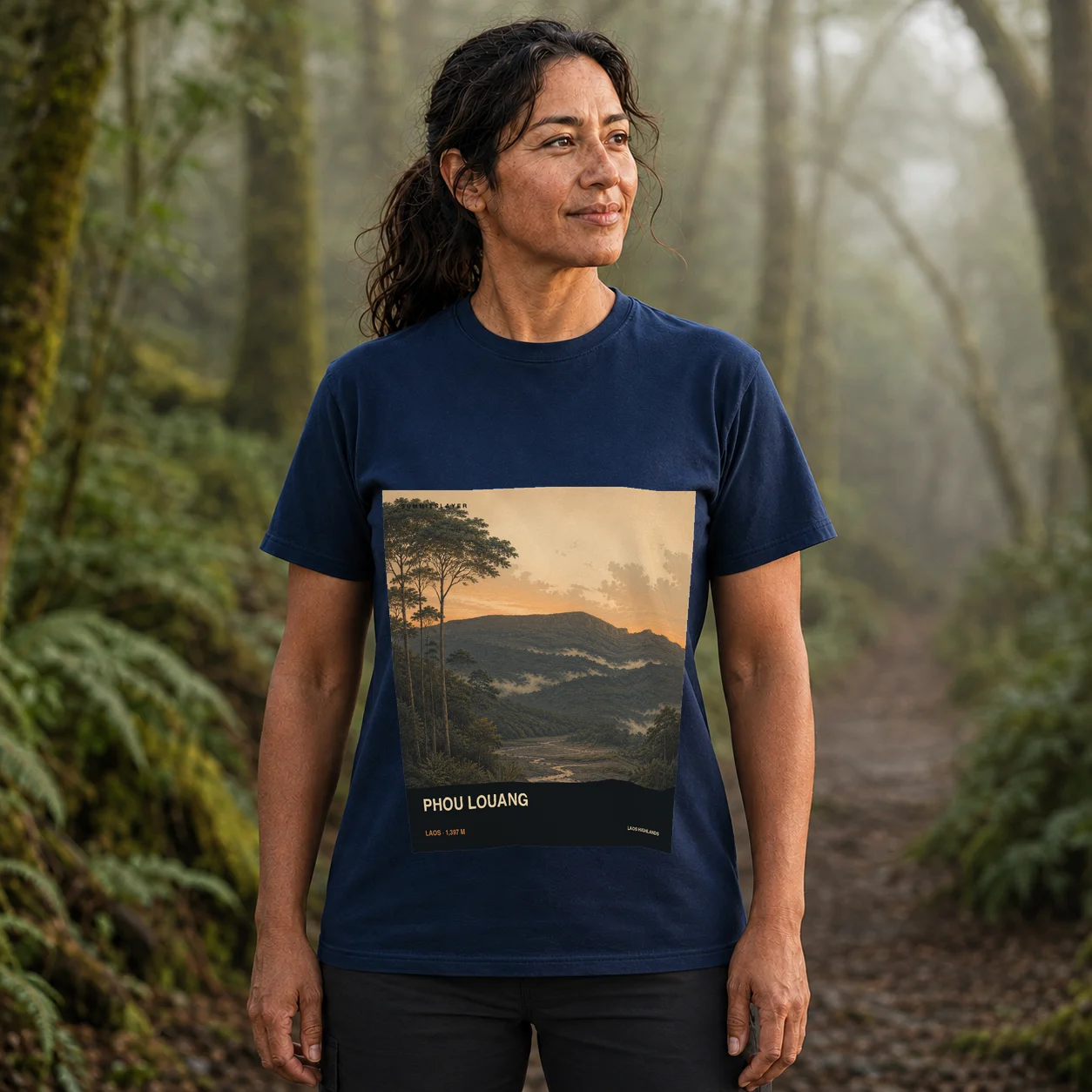 Navy Phou Louang T-shirt front with mountain artwork