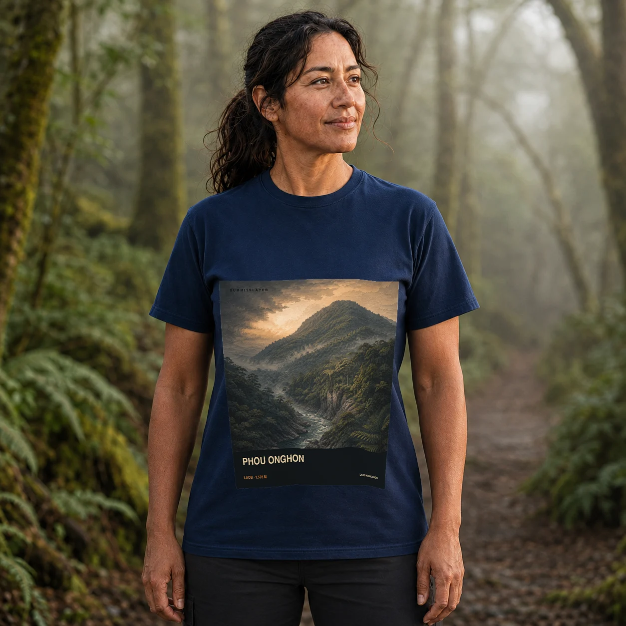 Navy Phou Ônghôn T-shirt front with mountain artwork