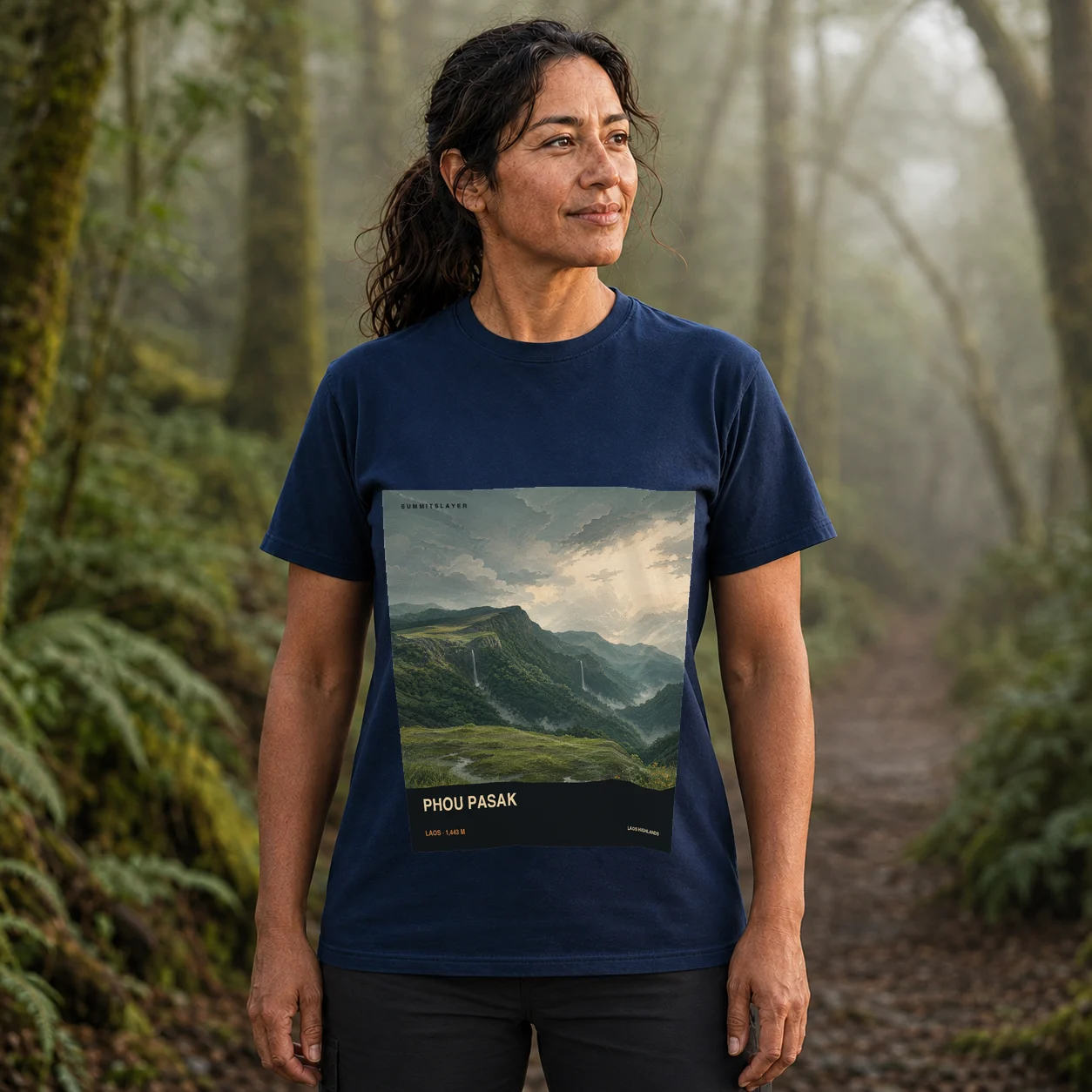 Navy Phou Pasak T-shirt front with mountain artwork