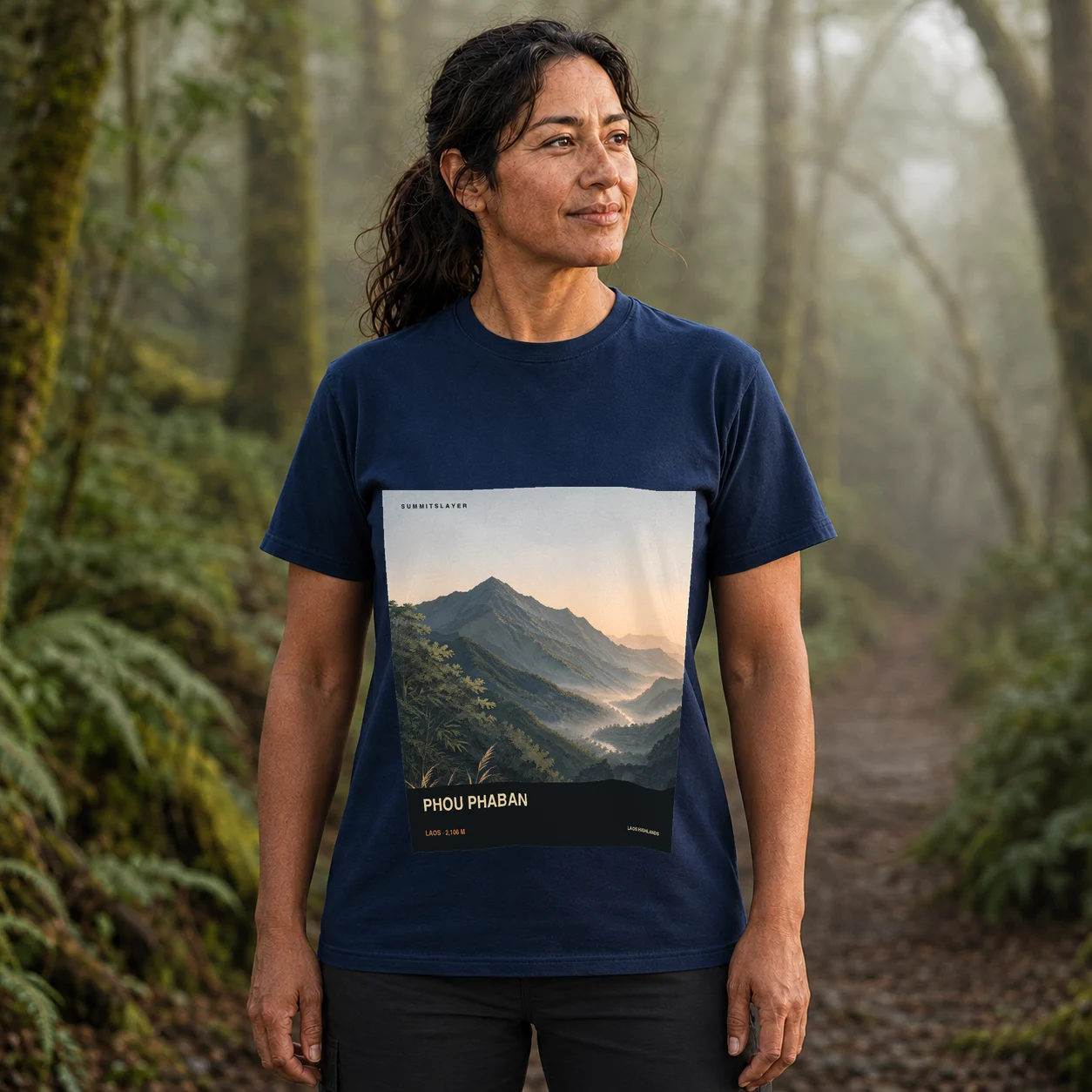 Navy Phou Phaban T-shirt front with mountain artwork