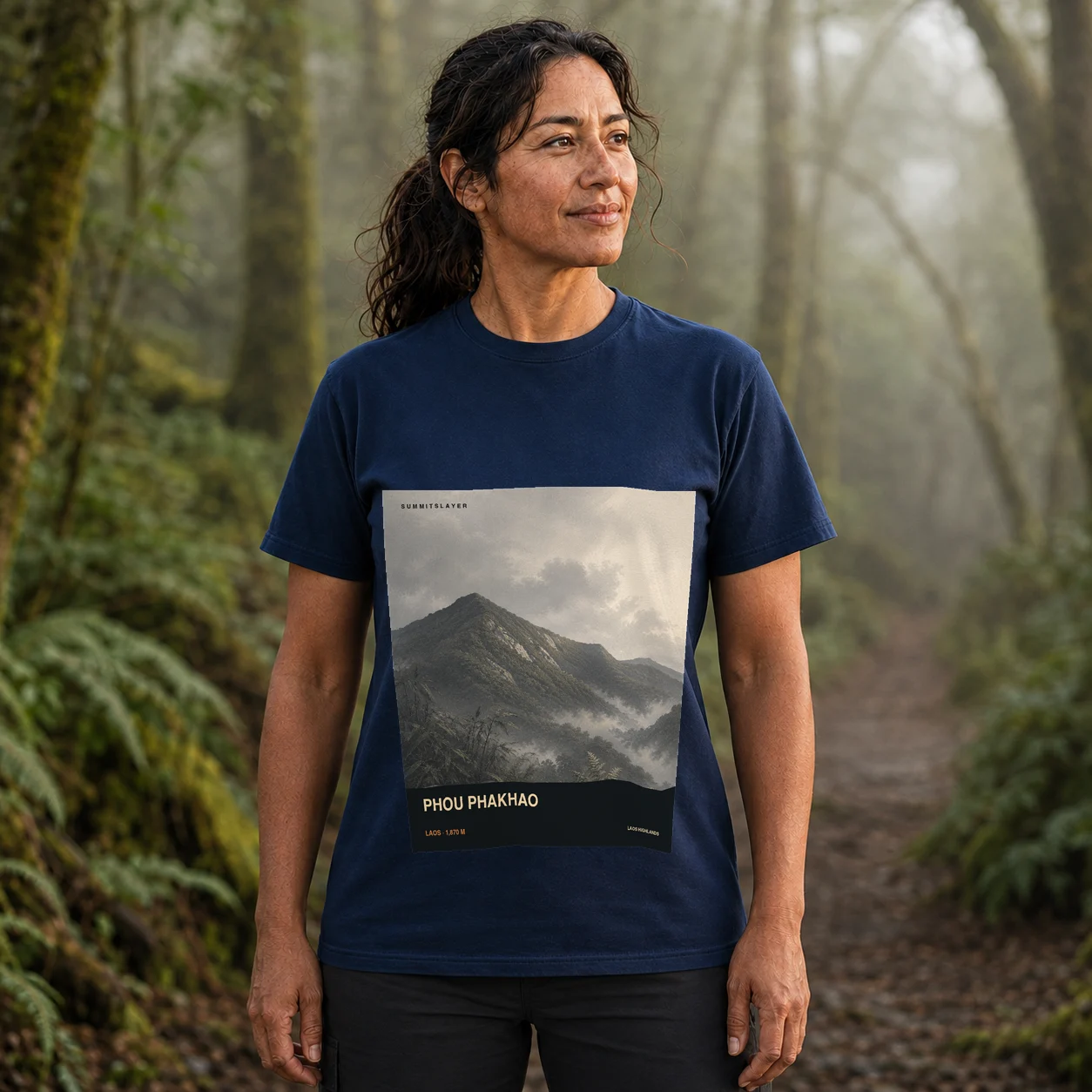 Navy Phou Phakhao T-shirt front with mountain artwork