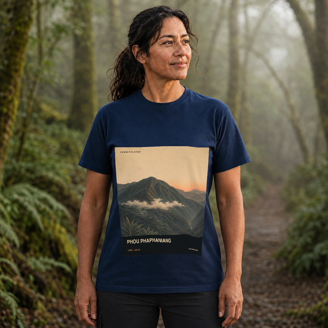 Navy Phou Phaphaniang T-shirt front with mountain artwork