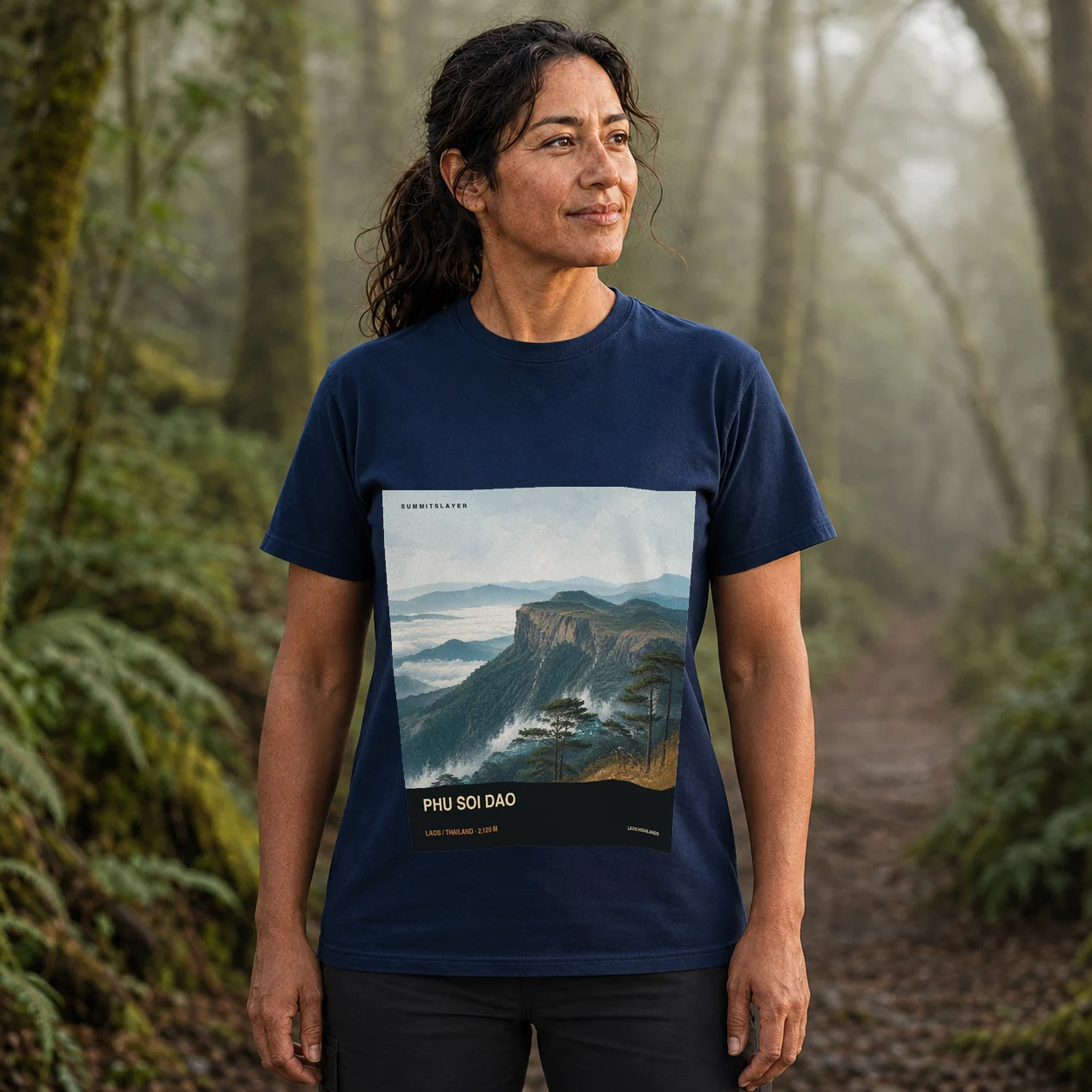 Navy Phou Soaydao T-shirt front with mountain artwork