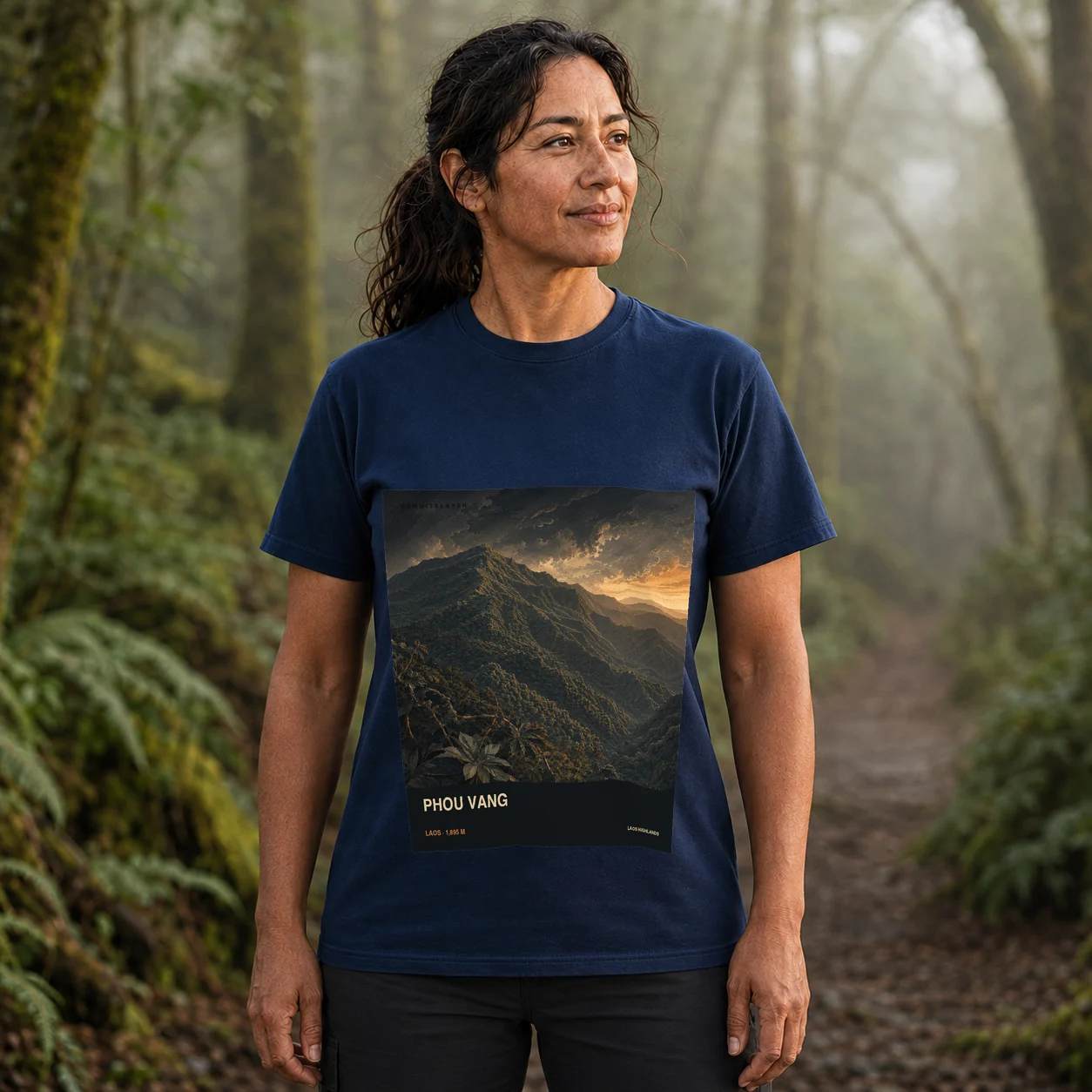 Navy Phou Vang T-shirt front with mountain artwork
