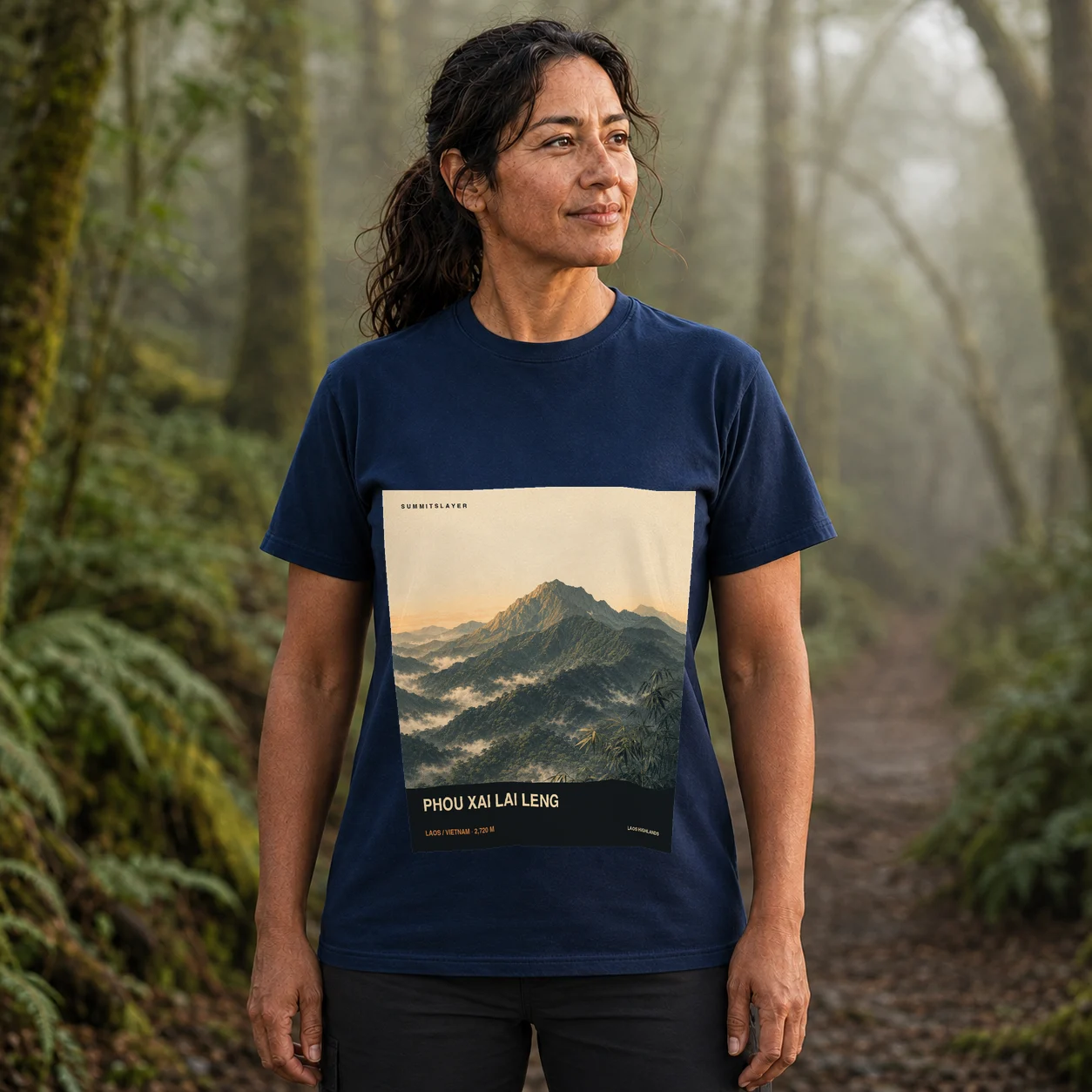 Navy Phou Xai Lai Leng T-shirt front with mountain artwork