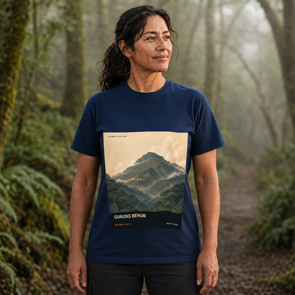 Navy Mount Benom T-shirt front with mountain artwork