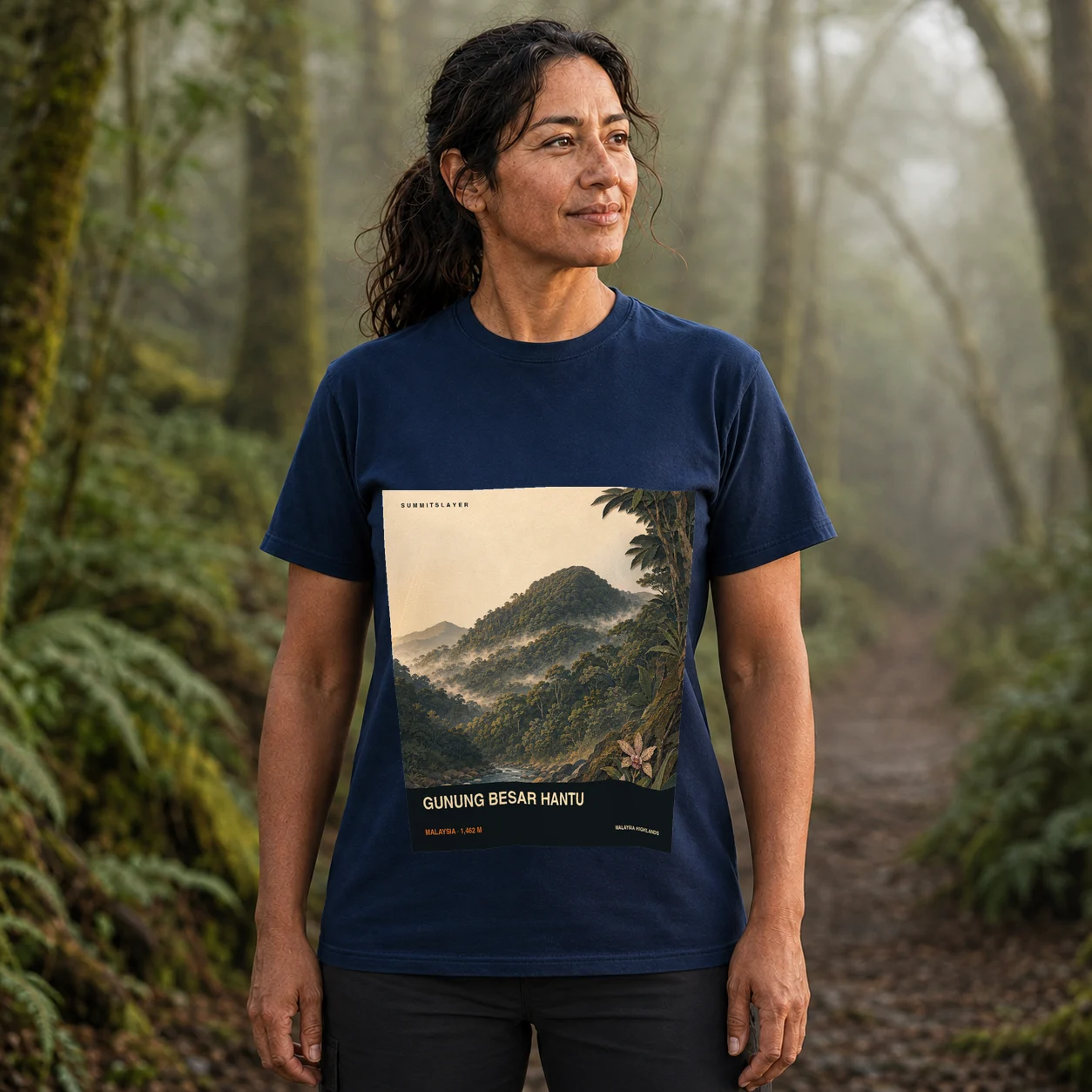 Navy Mount Besar Hantu T-shirt front with mountain artwork