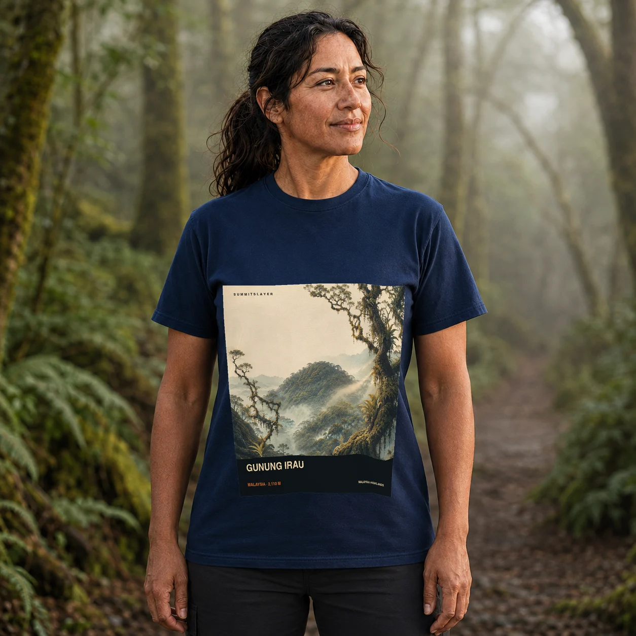 Navy Mount Irau T-shirt front with mountain artwork