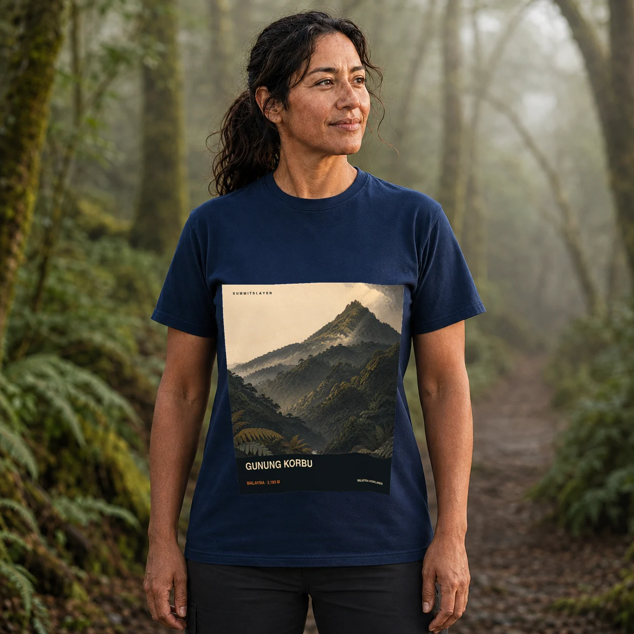 Navy Mount Korbu T-shirt front with mountain artwork