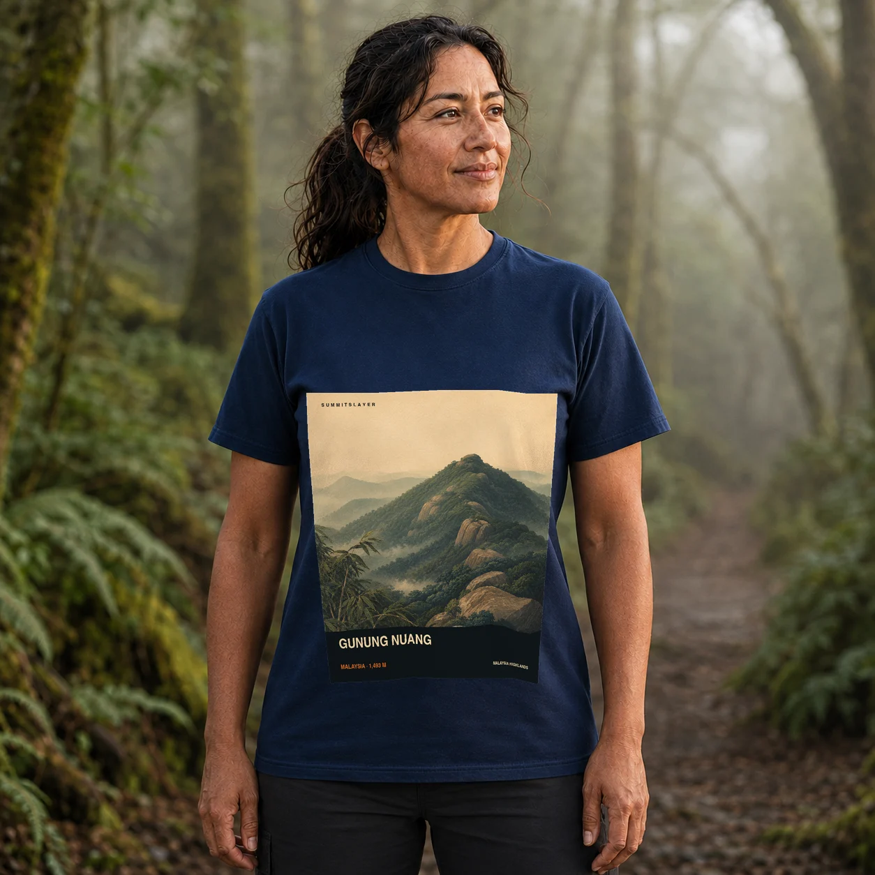 Navy Mount Nuang T-shirt front with mountain artwork