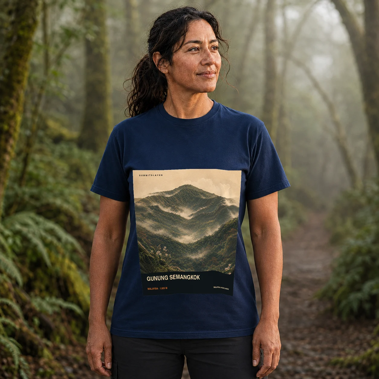 Navy Mount Semangkok T-shirt front with mountain artwork