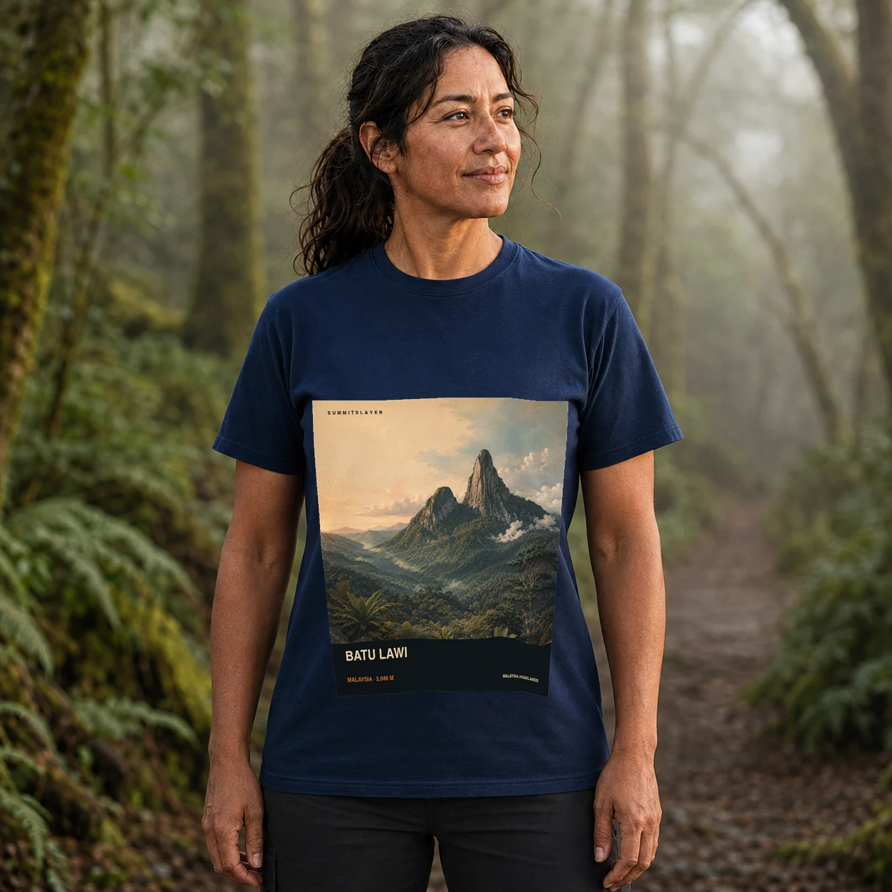 Navy Batu Lawi T-shirt front with mountain artwork
