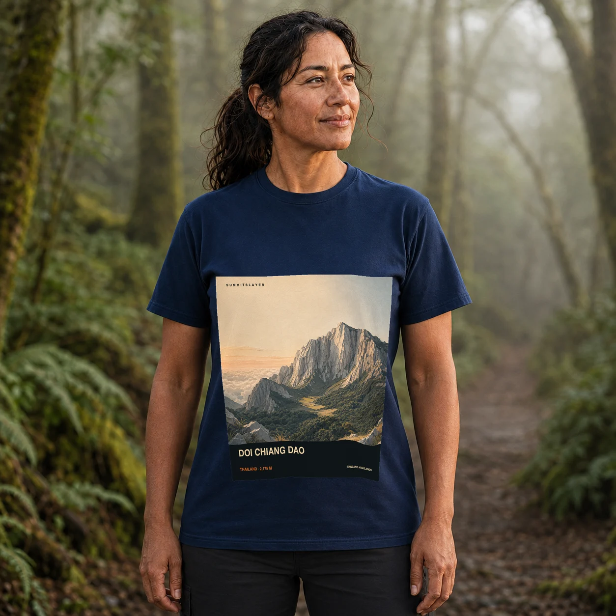 Navy Doi Luang Chiang Dao T-shirt front with mountain artwork