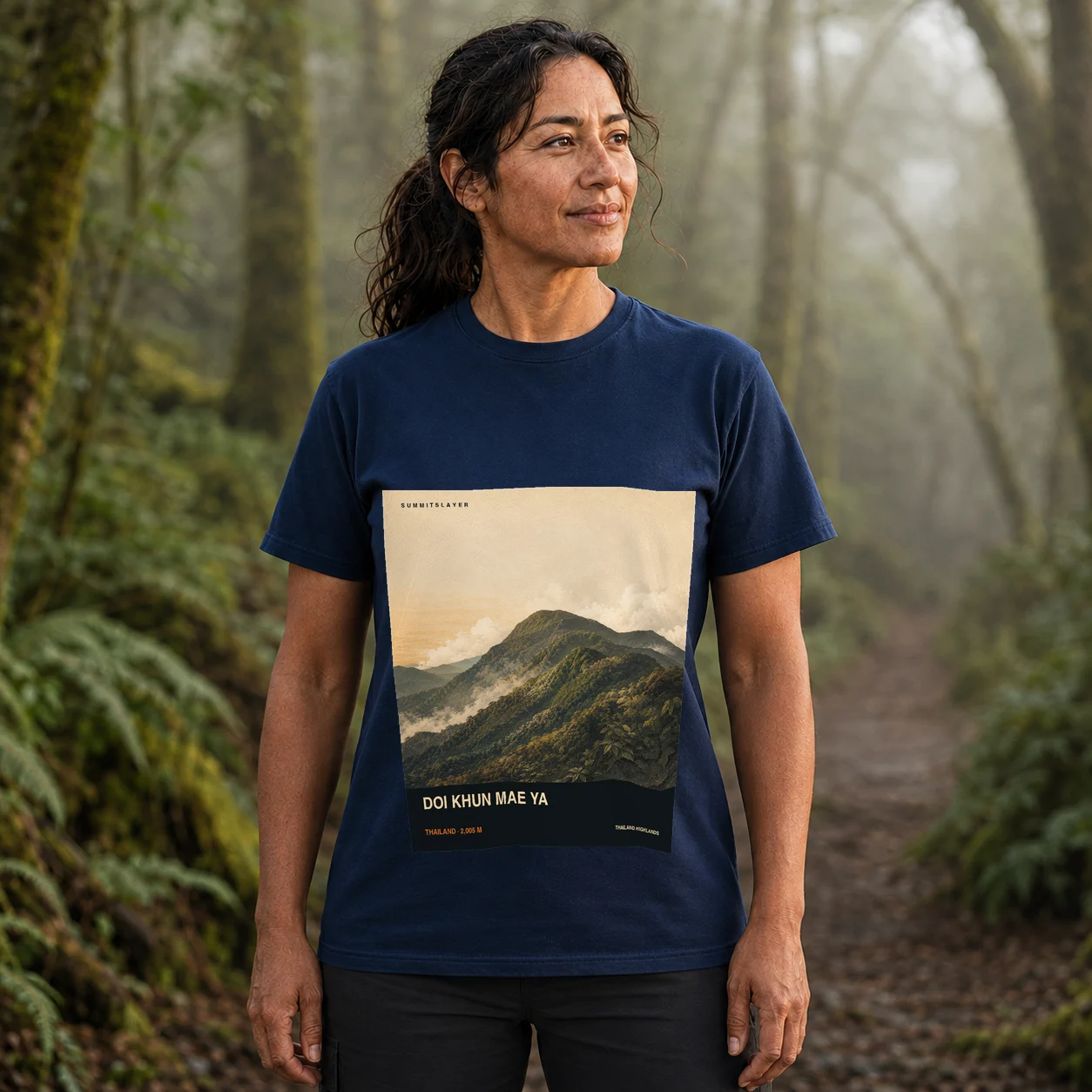 Navy Doi Mae Ya T-shirt front with mountain artwork