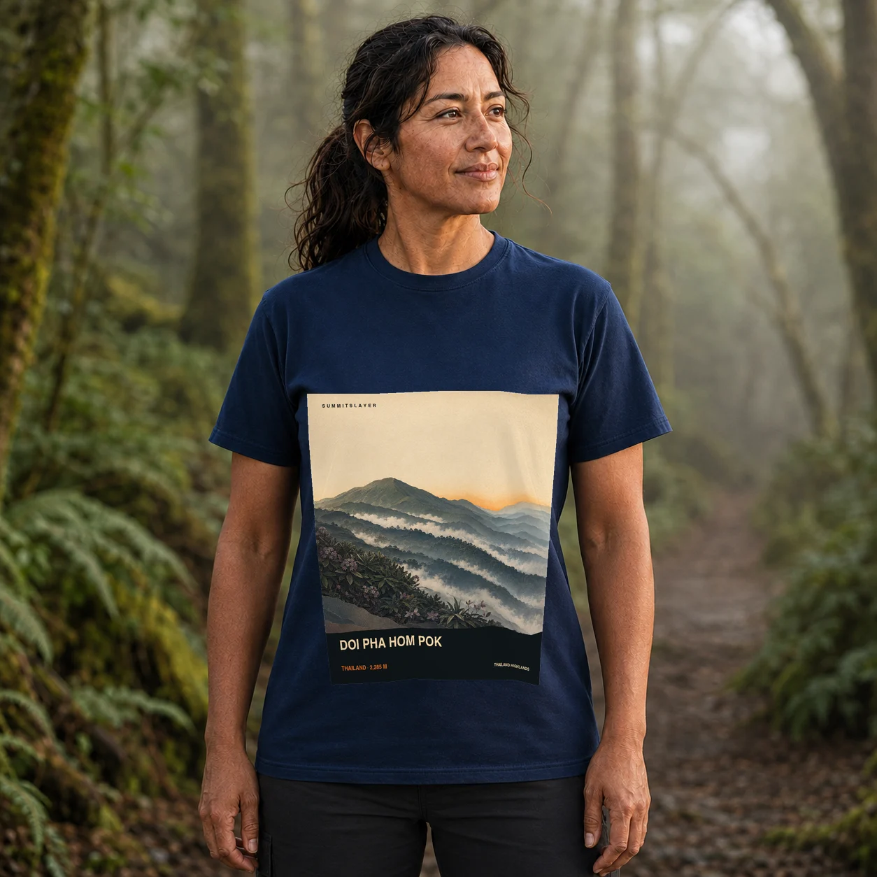 Navy Doi Pha Luang T-shirt front with mountain artwork