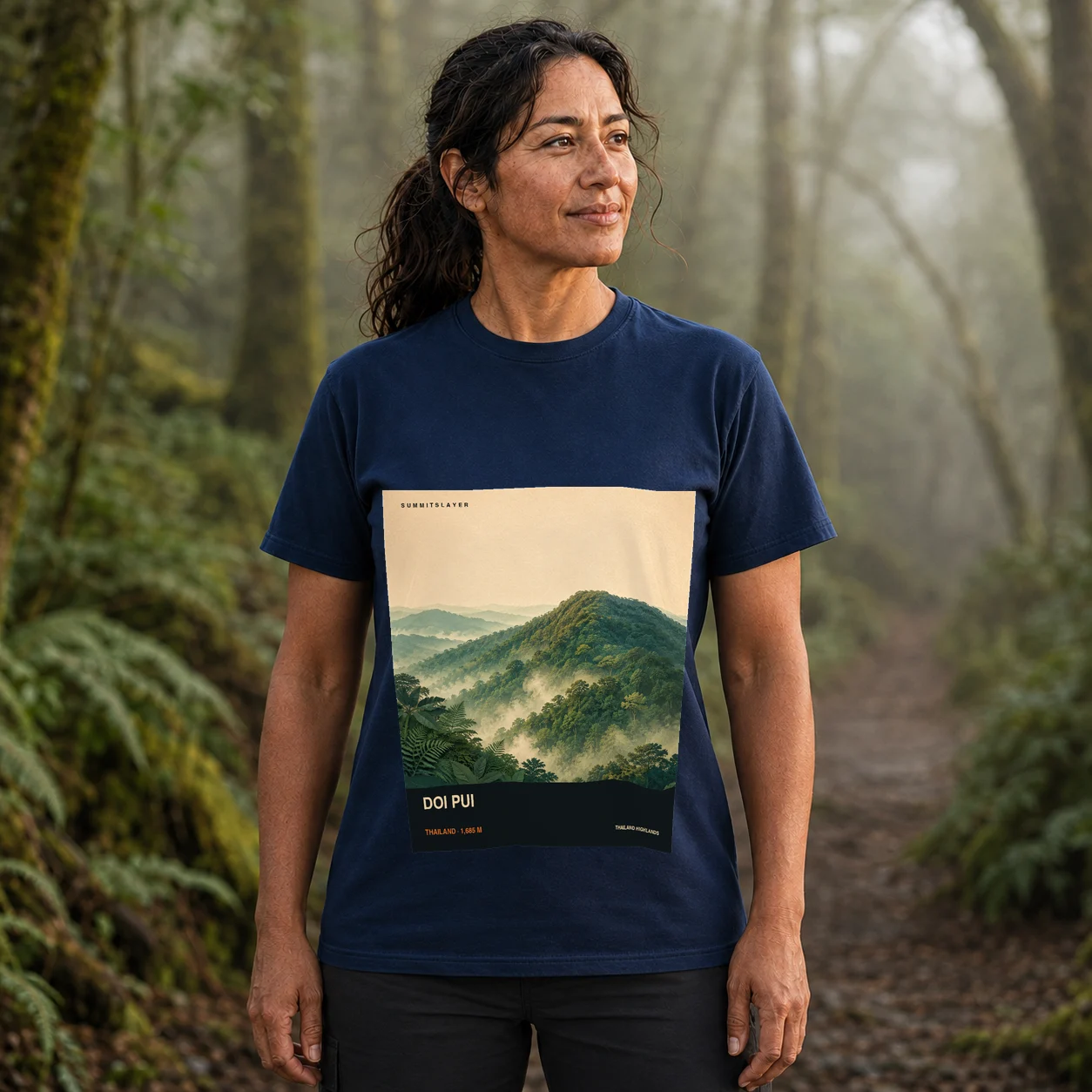 Navy Doi Pui T-shirt front with mountain artwork