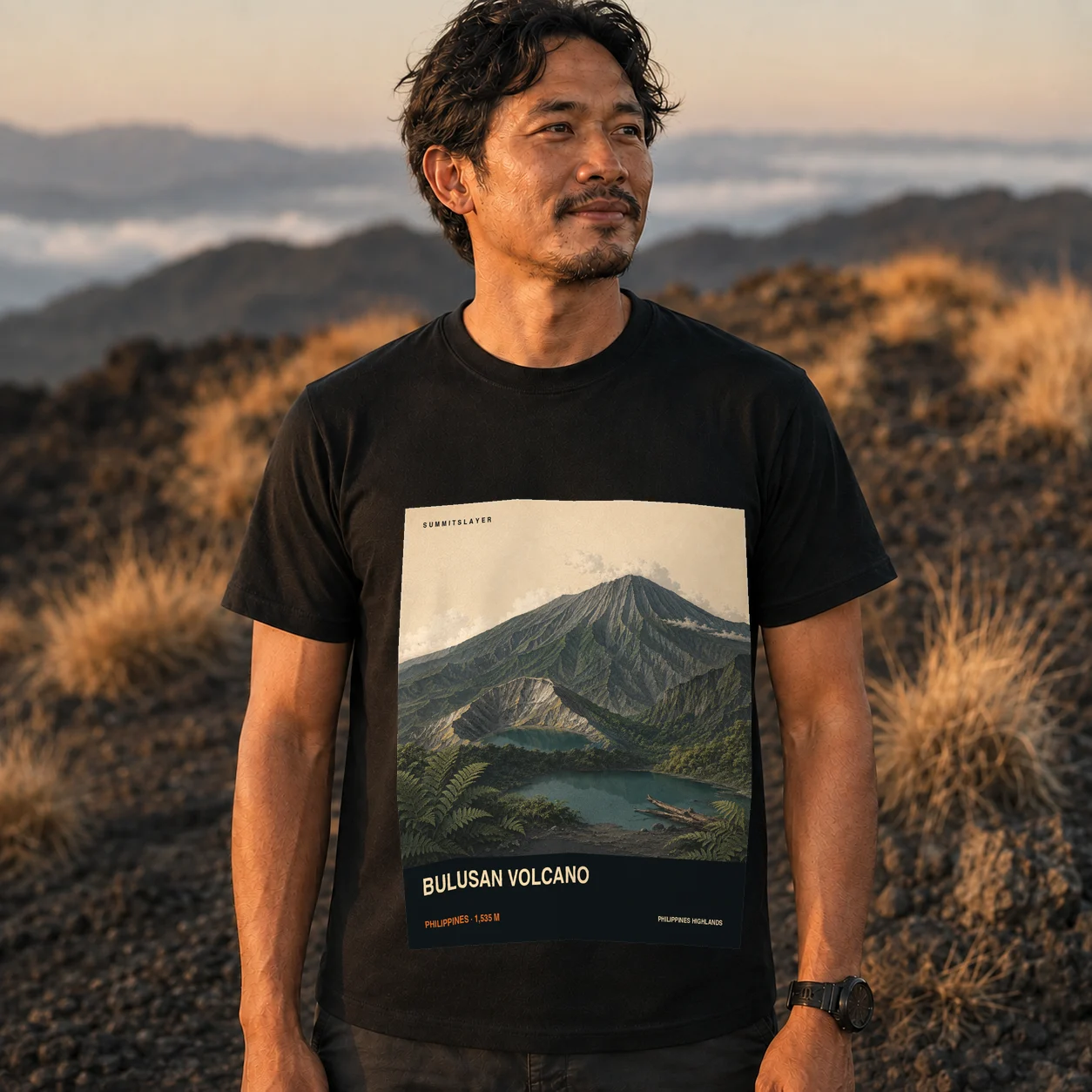 Black Bulusan Volcano T-shirt front with mountain artwork