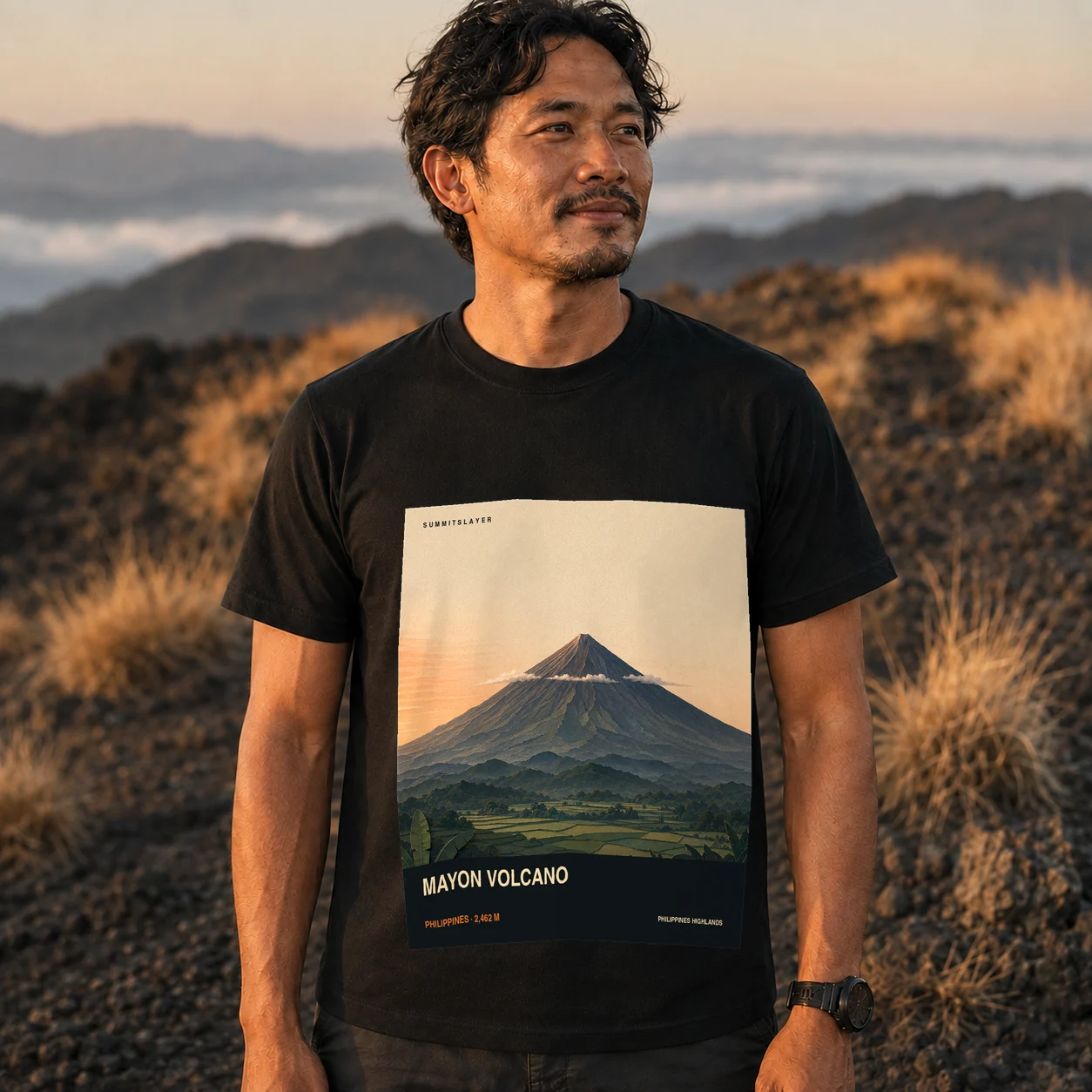 Black Mayon Volcano T-shirt front with mountain artwork