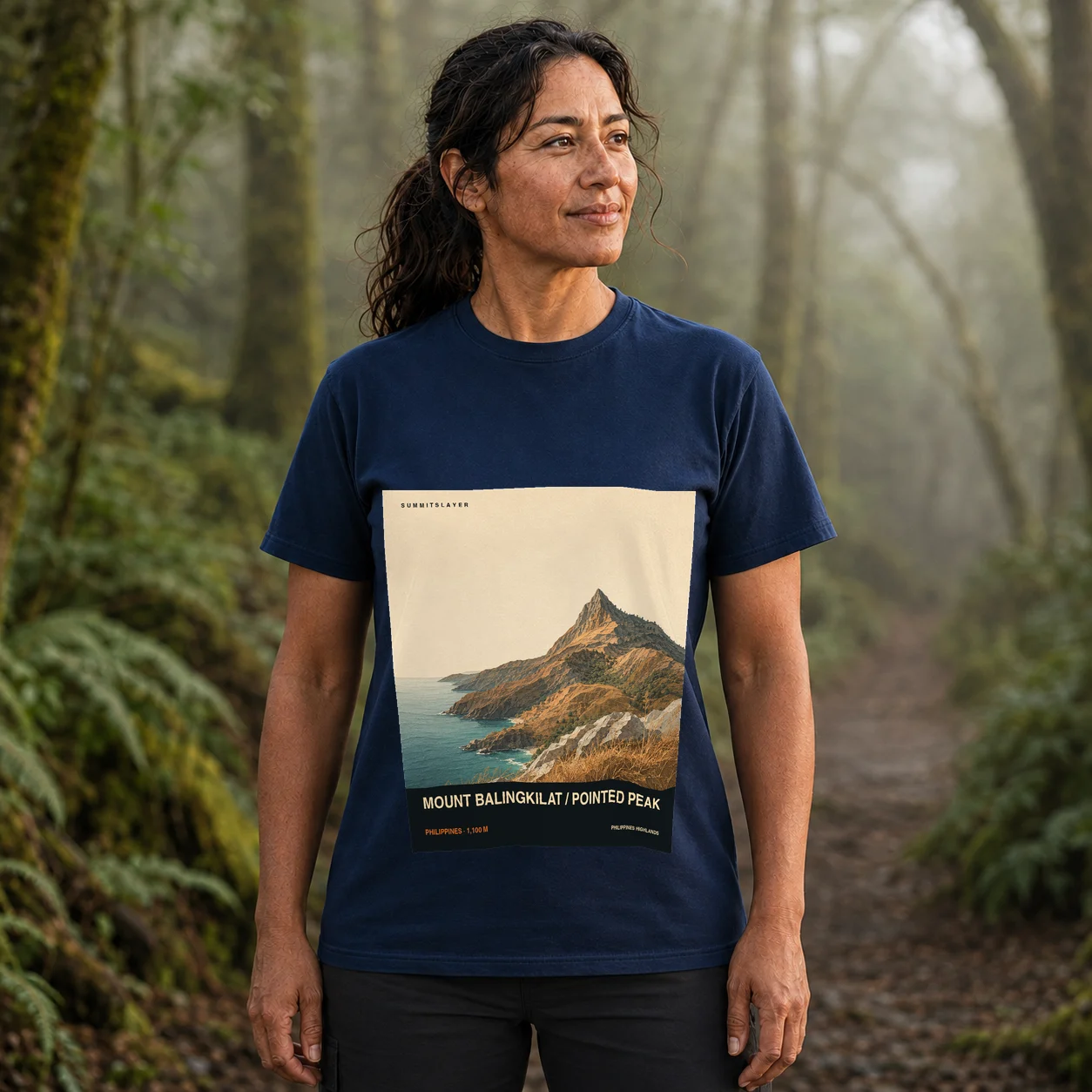Navy Mount Balingkilat / Pointed Peak T-shirt front with mountain artwork