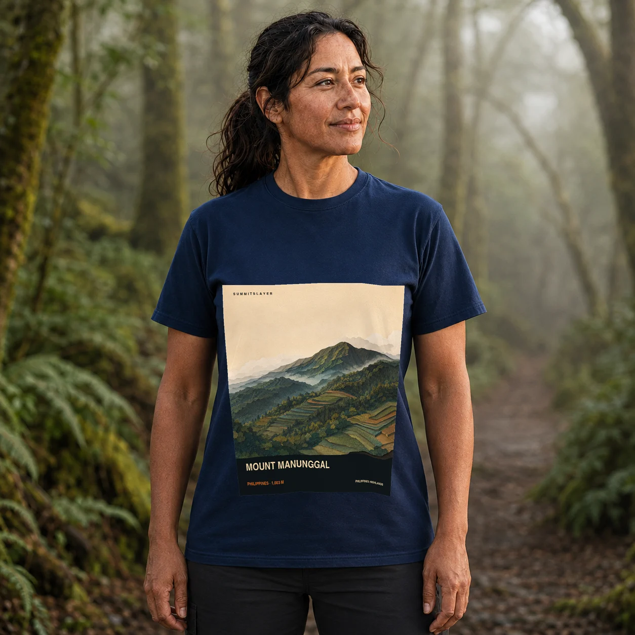 Navy Mount Manunggal T-shirt front with mountain artwork