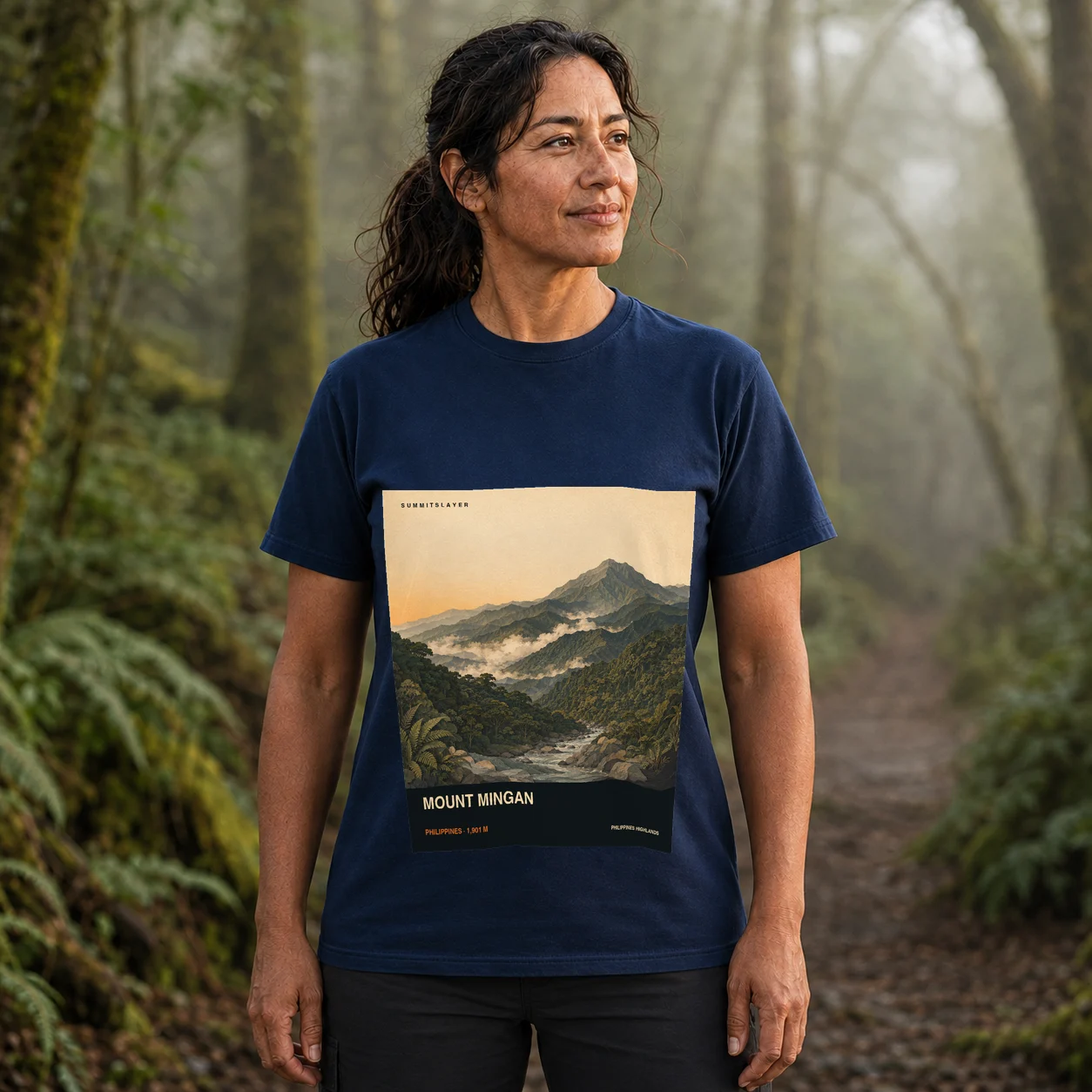 Navy Mount Mingan T-shirt front with mountain artwork