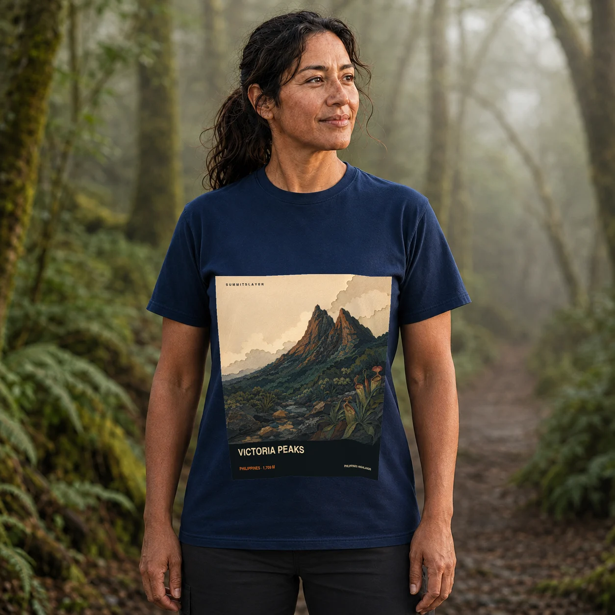 Navy Victoria Peaks T-shirt front with mountain artwork