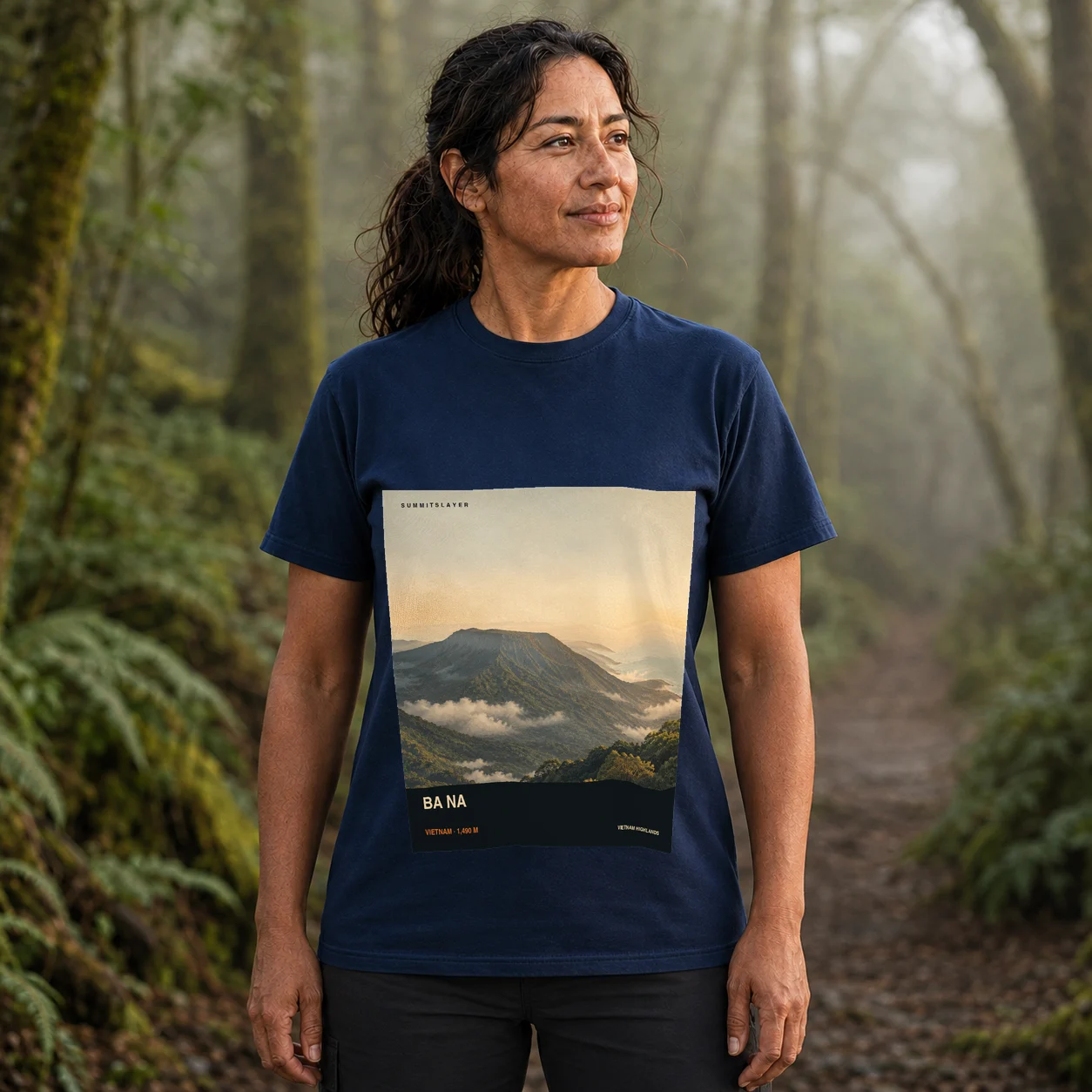 Navy Ba Na T-shirt front with mountain artwork