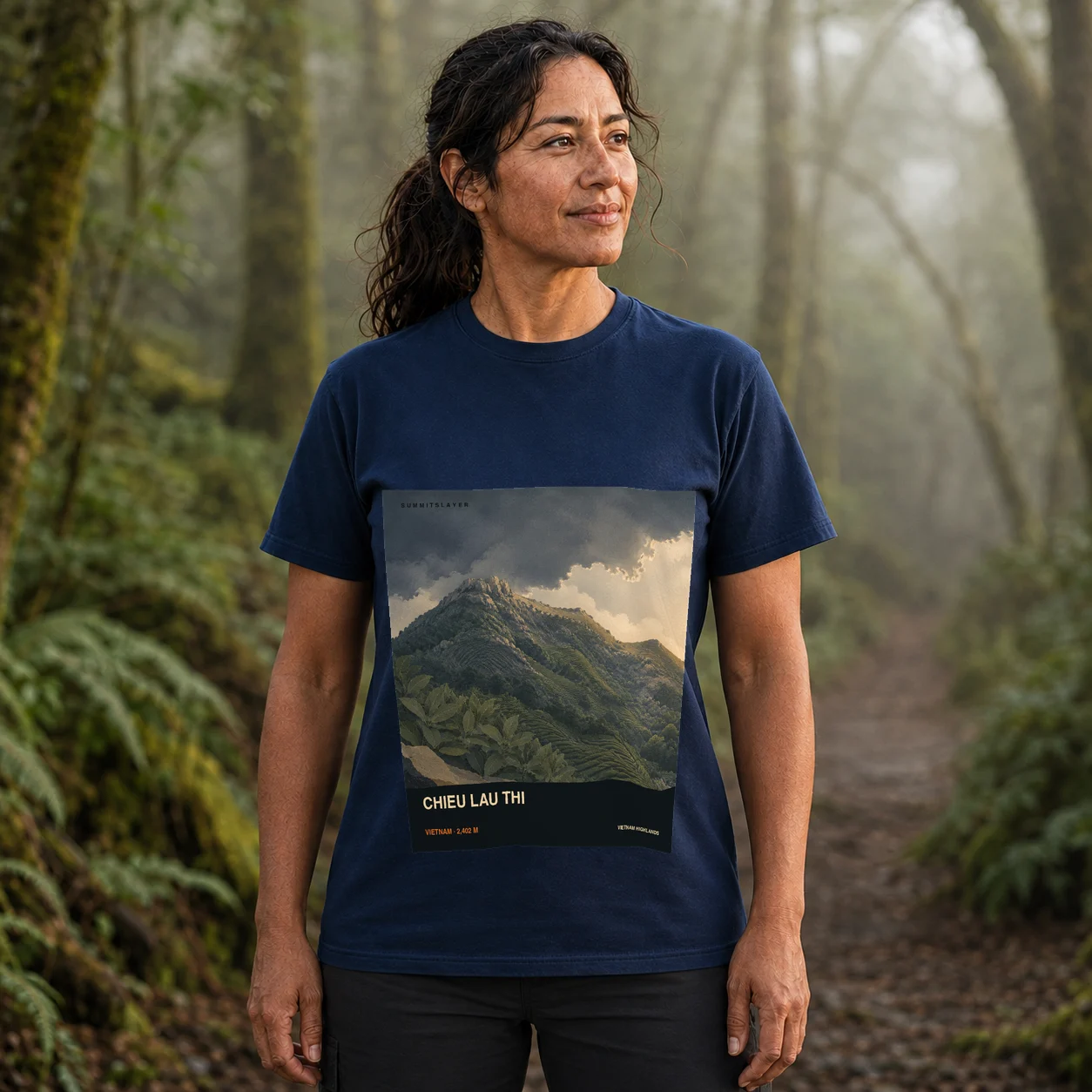 Navy Chieu Lau Thi T-shirt front with mountain artwork