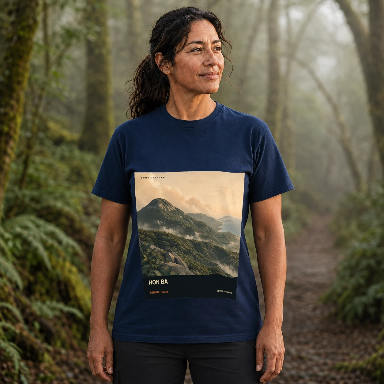 Navy Hòn Long T-shirt front with mountain artwork