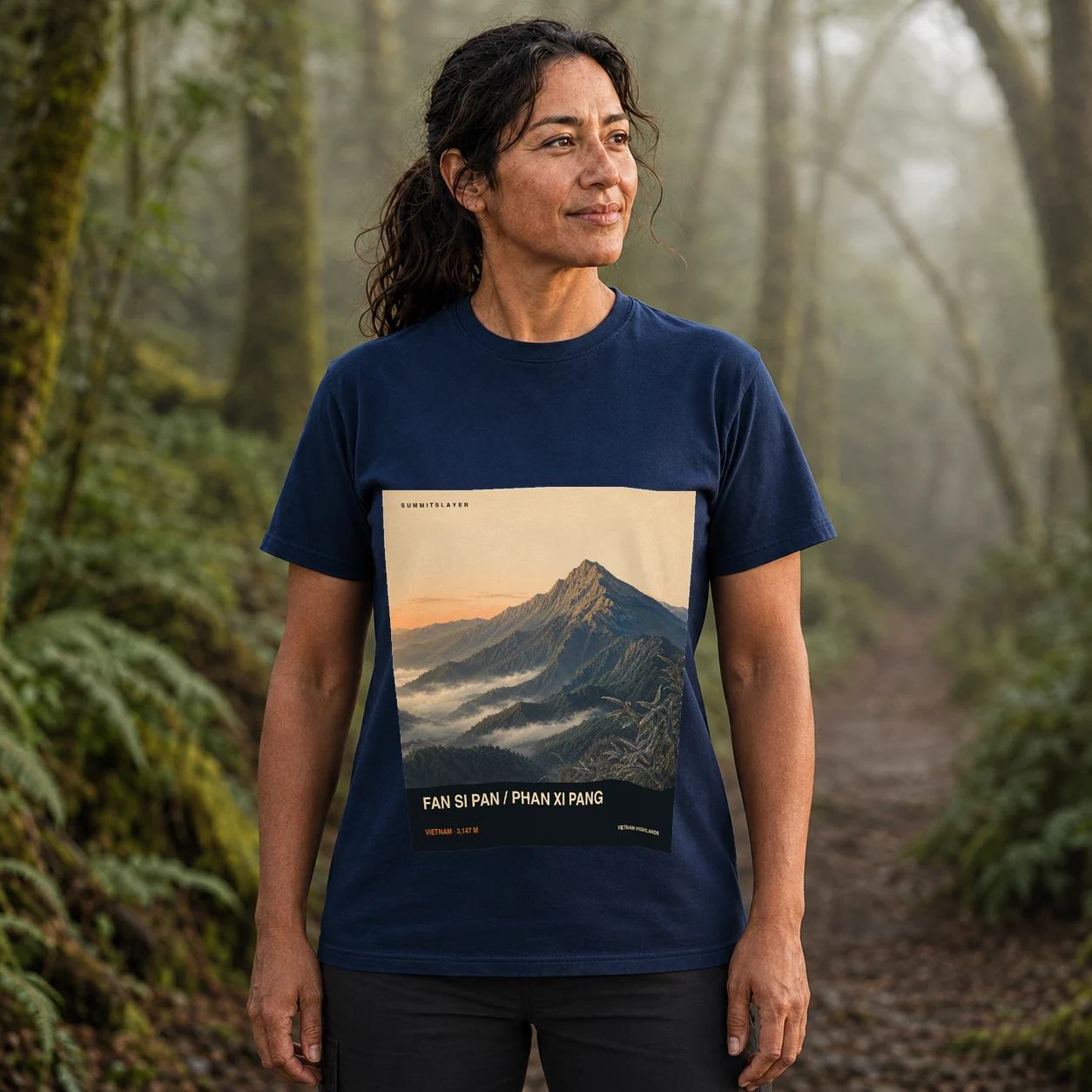 Navy Đỉnh Phan Xi Phăng T-shirt front with mountain artwork