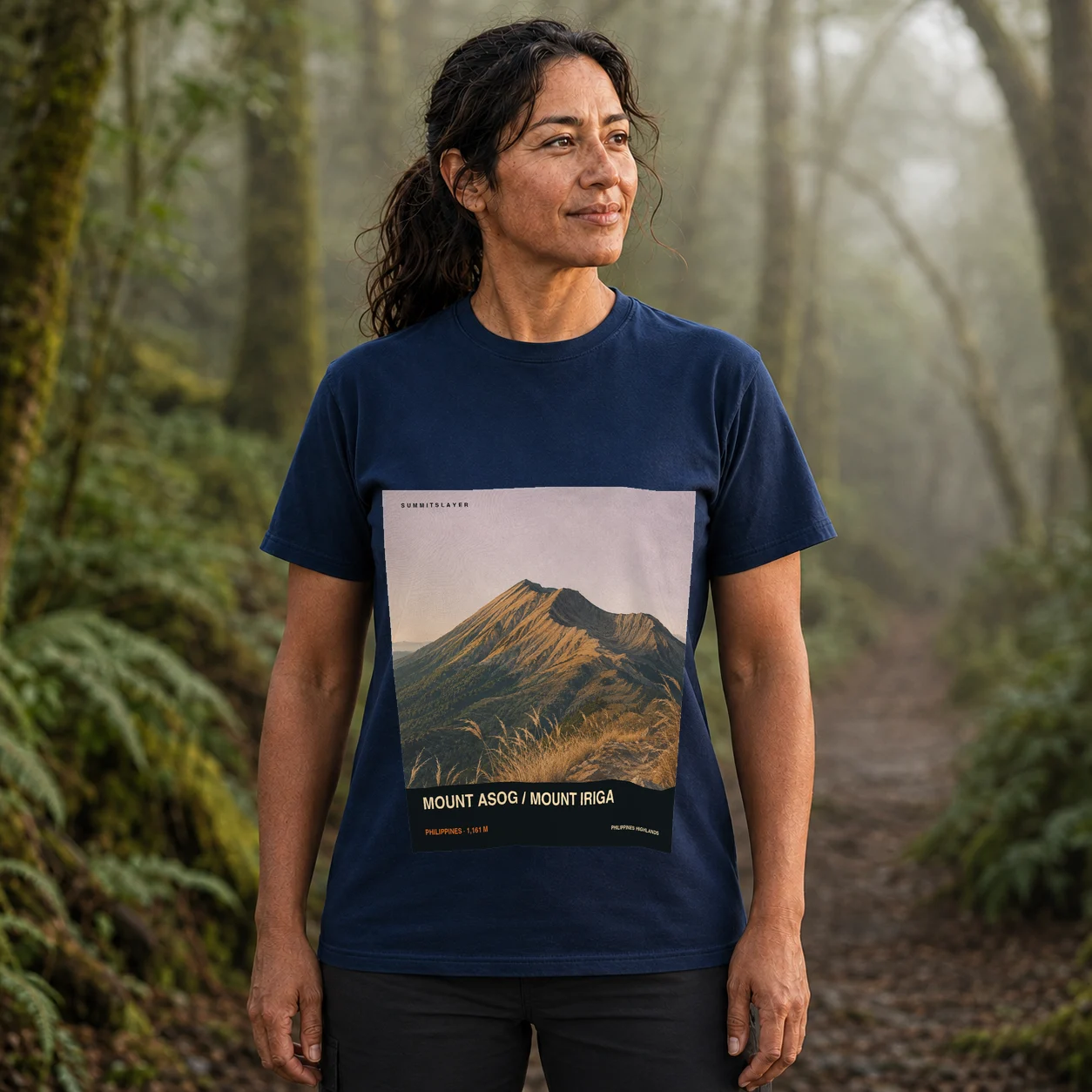Navy Mount Asog / Mount Iriga T-shirt front with mountain artwork