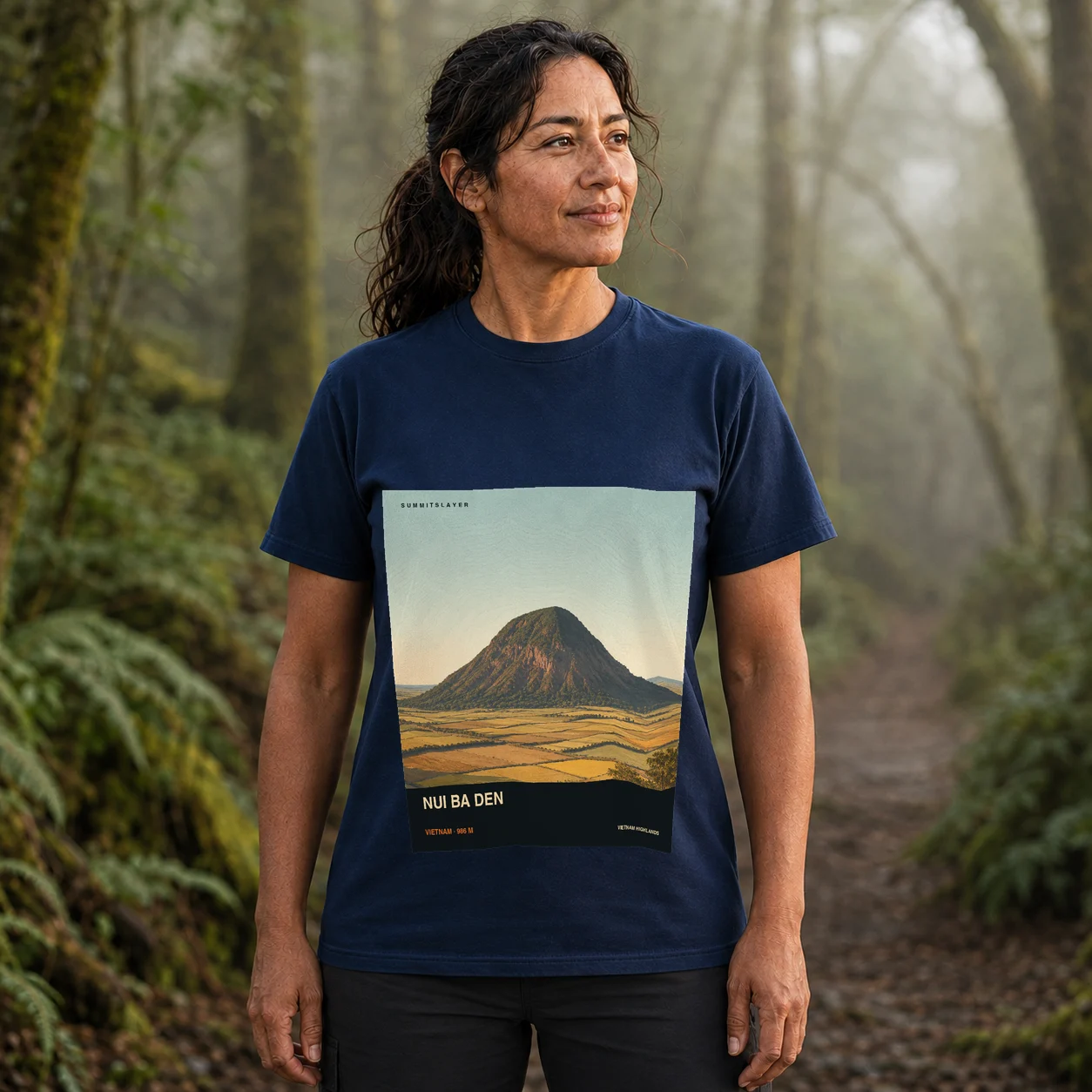 Navy Nui Ba Den T-shirt front with mountain artwork
