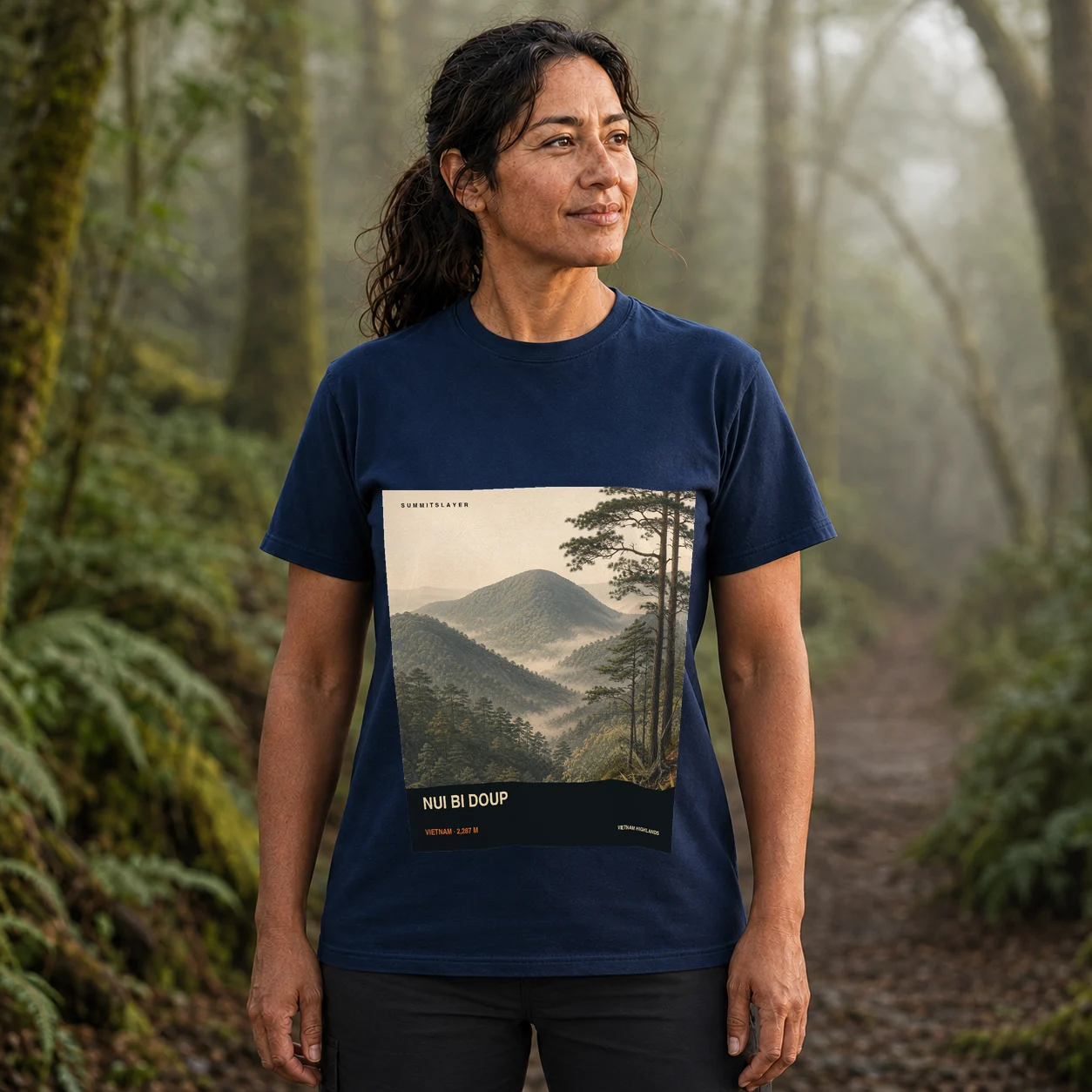 Navy Núi Bi Doup T-shirt front with mountain artwork