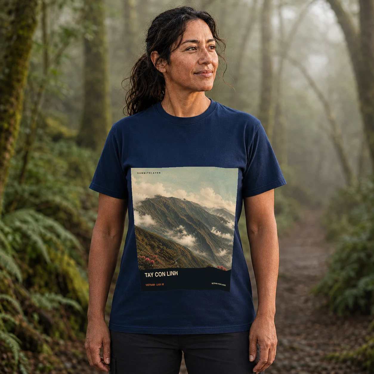 Navy Tây Côn Lĩnh T-shirt front with mountain artwork