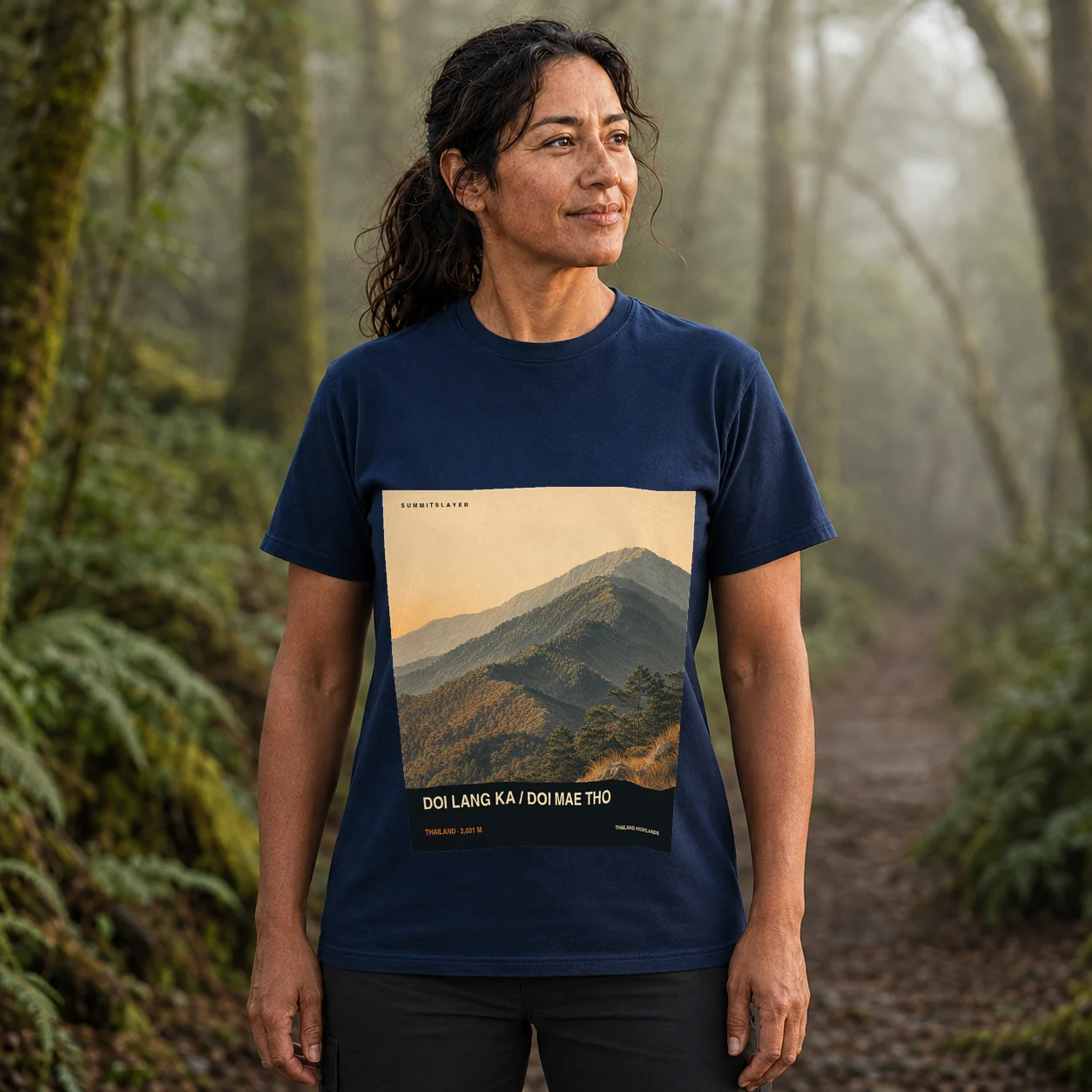 Navy Doi Lang Ka T-shirt front with mountain artwork