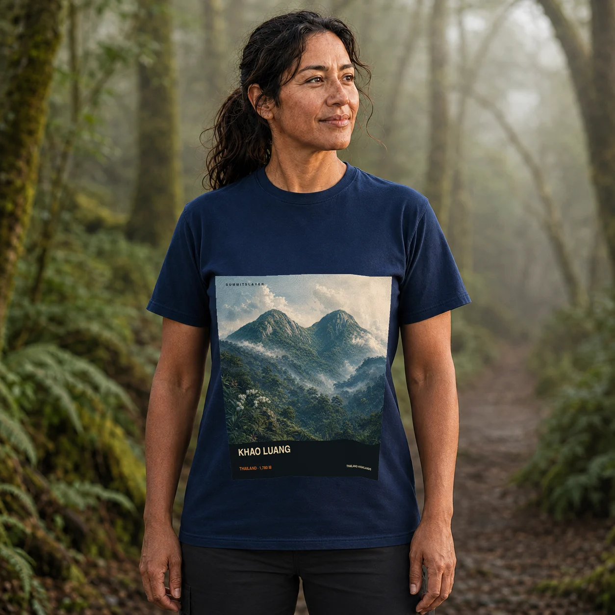 Navy Khao Luang T-shirt front with mountain artwork