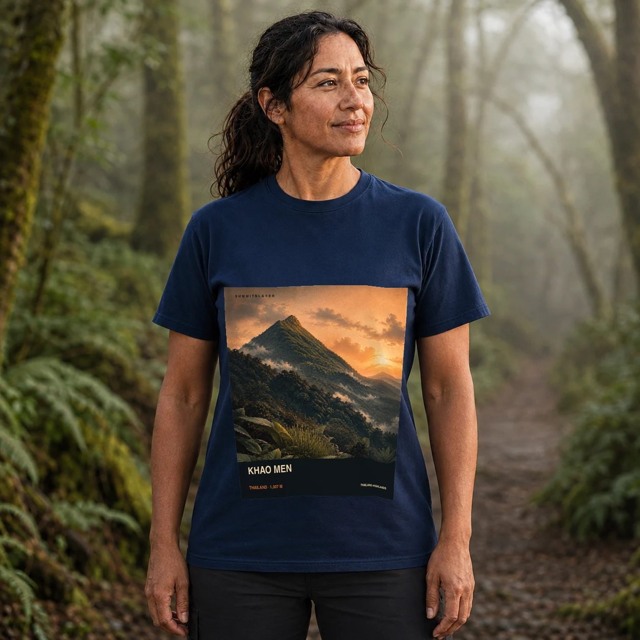 Navy Khao Men T-shirt front with mountain artwork
