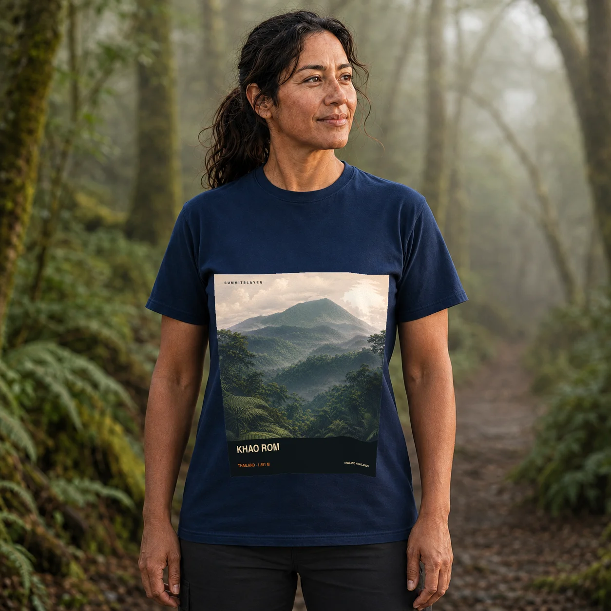 Navy Khao Rom T-shirt front with mountain artwork