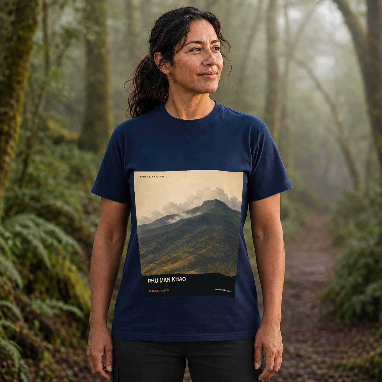 Navy Khao Tua Khong T-shirt front with mountain artwork