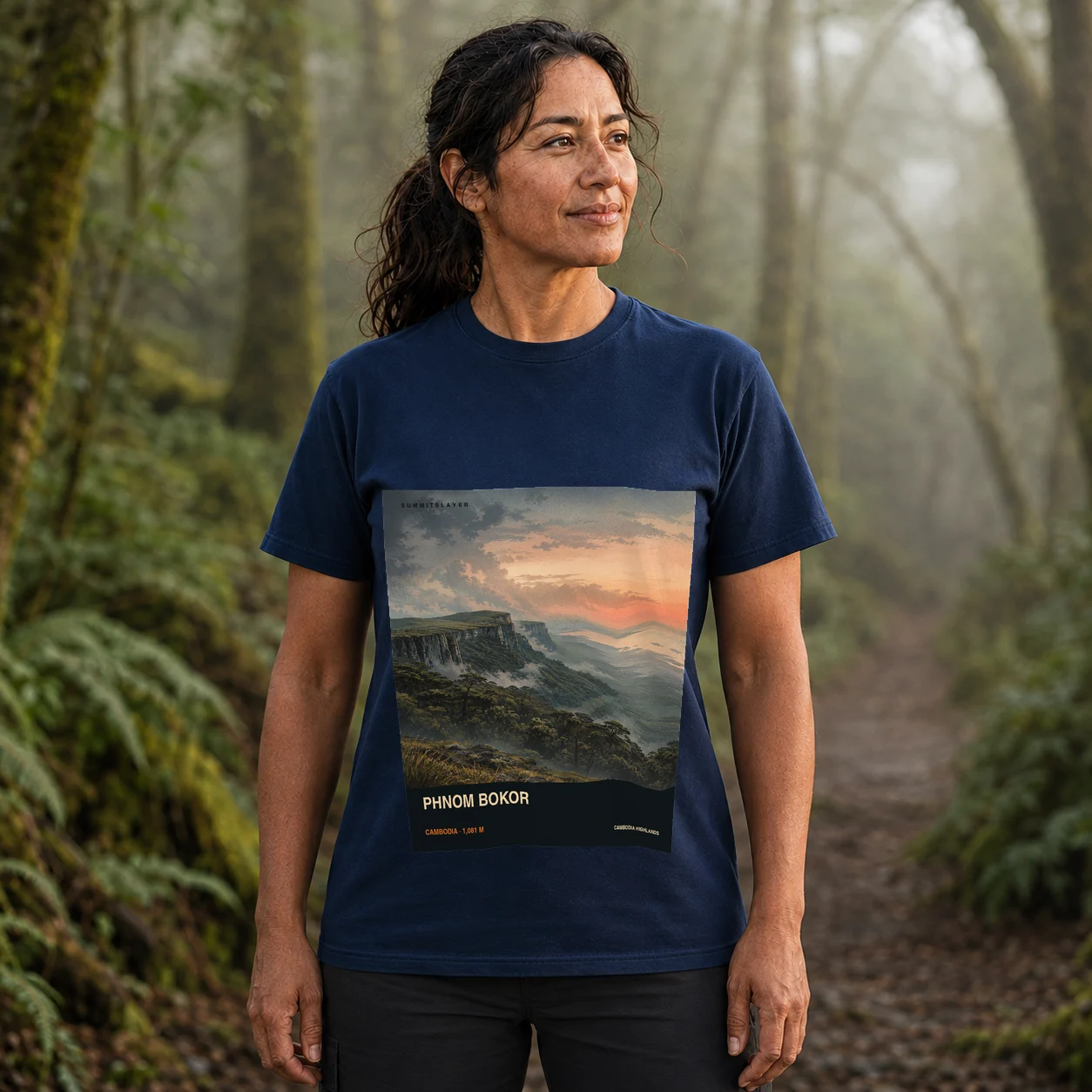 Navy Phnom Bokor T-shirt front with mountain artwork